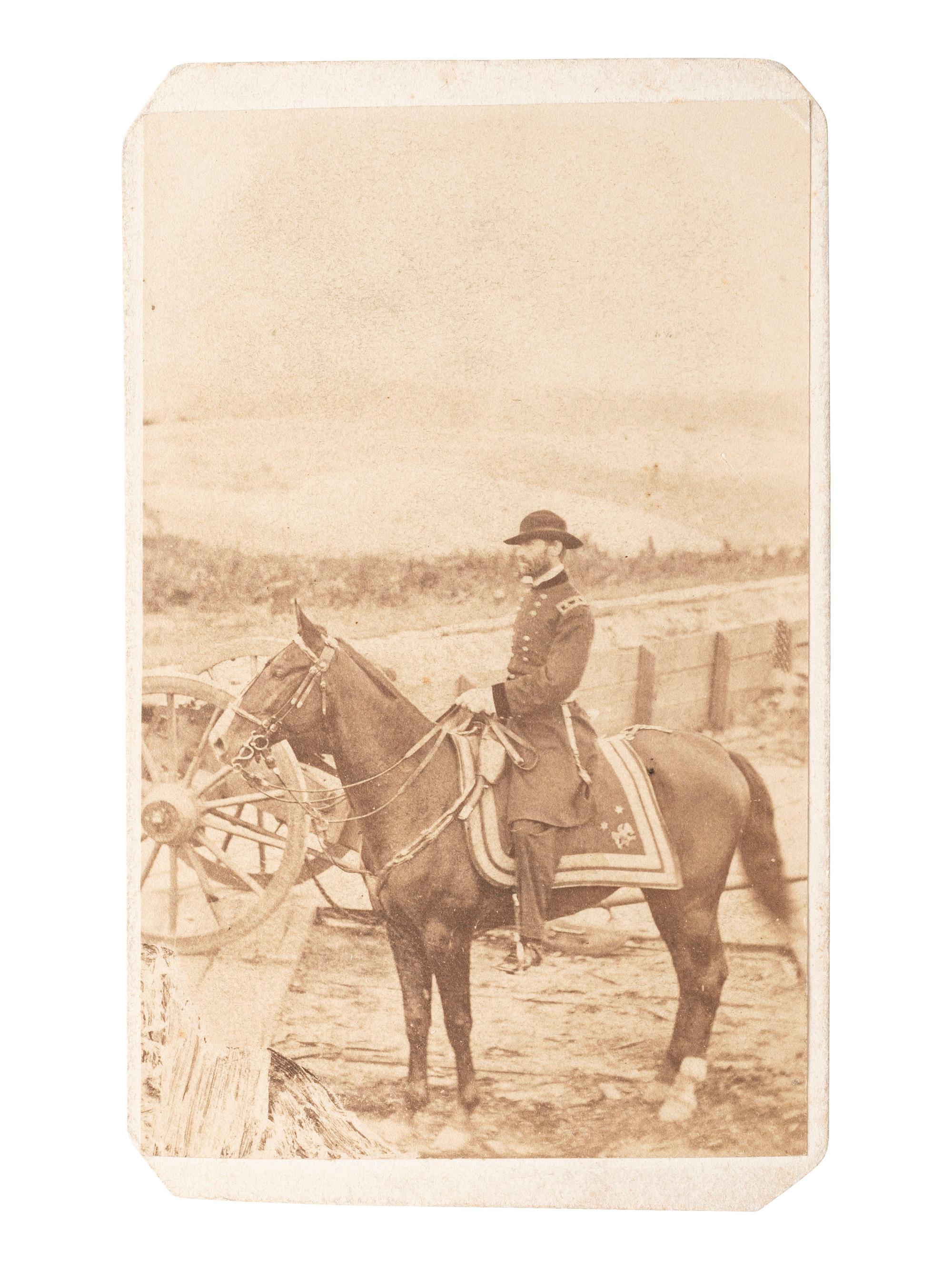 [CIVIL WAR]. CDV of General William T. Sherman on horseback at Federal Fort No. 7 before the Battle of Atlanta. Ca 1864.