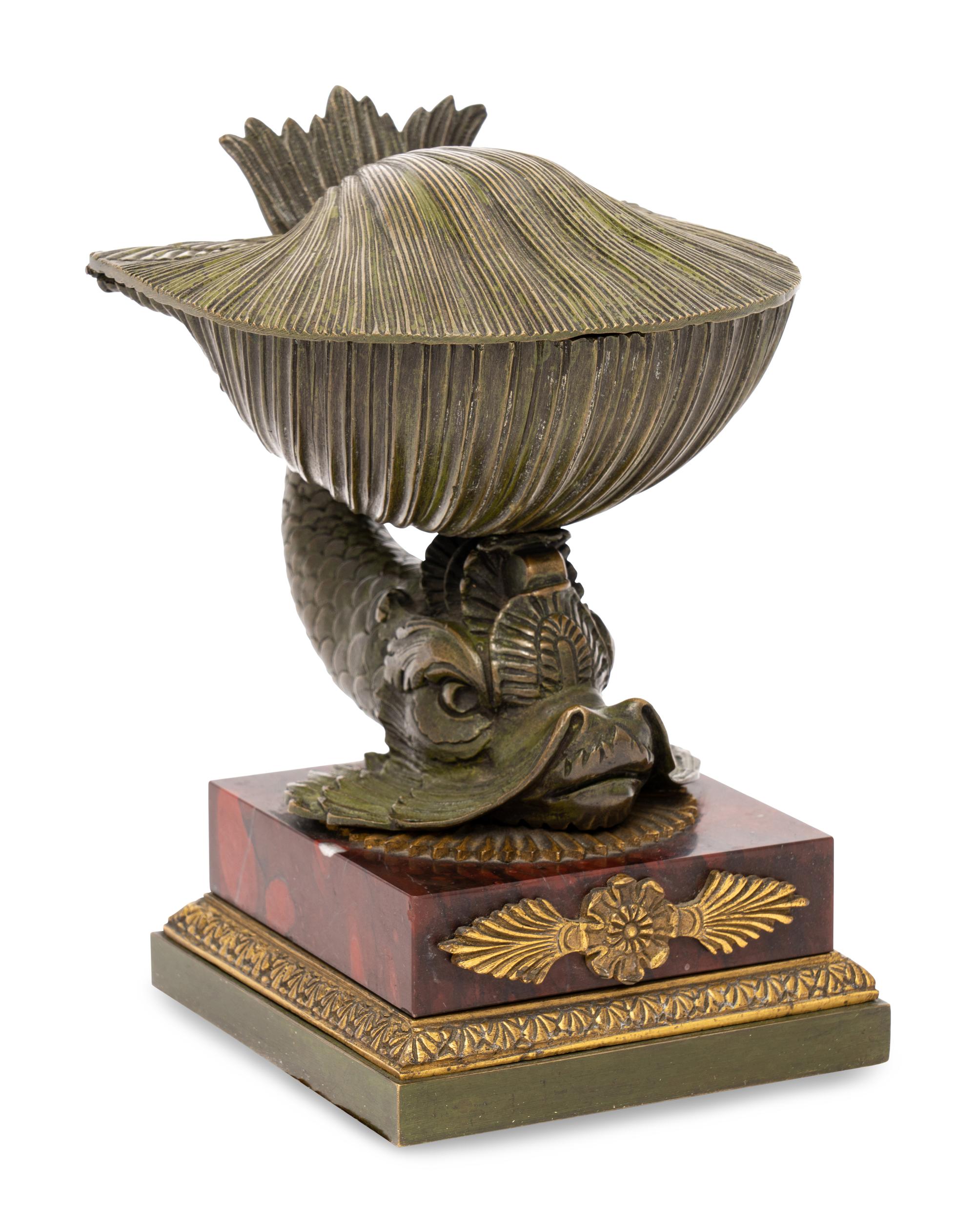 A French Bronze and Marble Dolphin and Shell Ink Stand