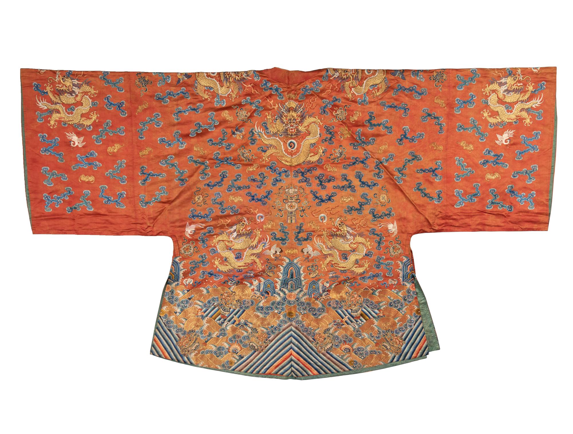 A Apricot Ground Embroidered Silk 'Dragon' Robe, Jifu