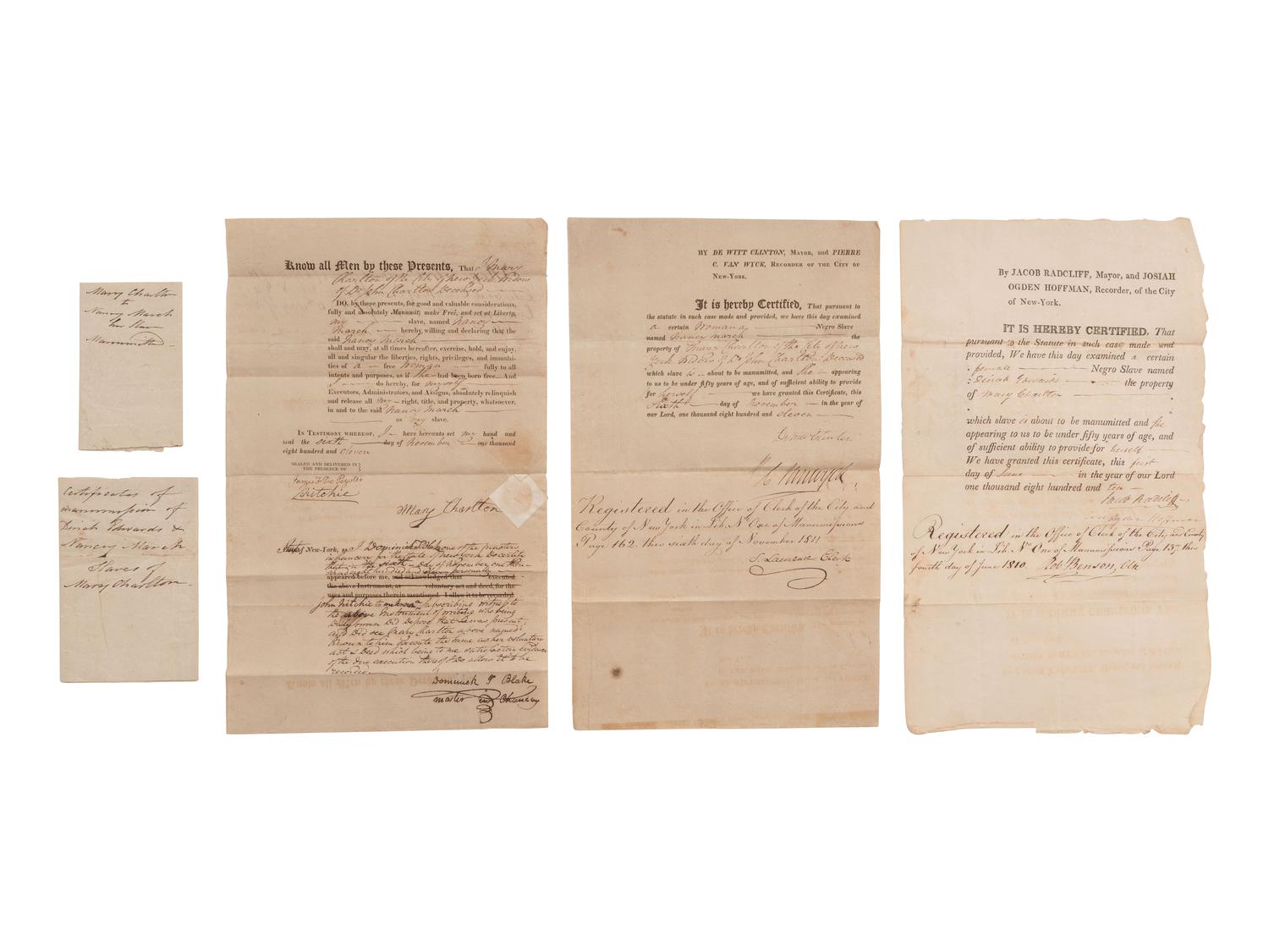 [African-Americana] [Abolition] Clinton, De Witt. Group of 3 Partially-Printed Manumission Documents