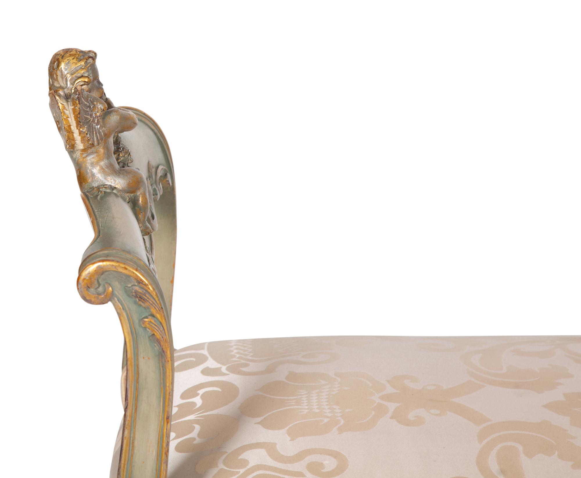 A Continental Painted and Parcel Gilt Bench