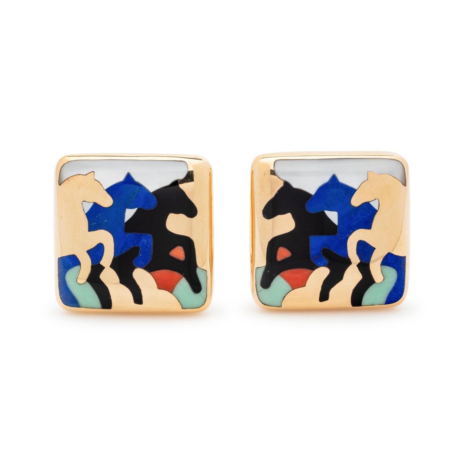 ASCH GROSSBARDT, YELLOW GOLD AND HARDSTONE INLAY EARCLIPS