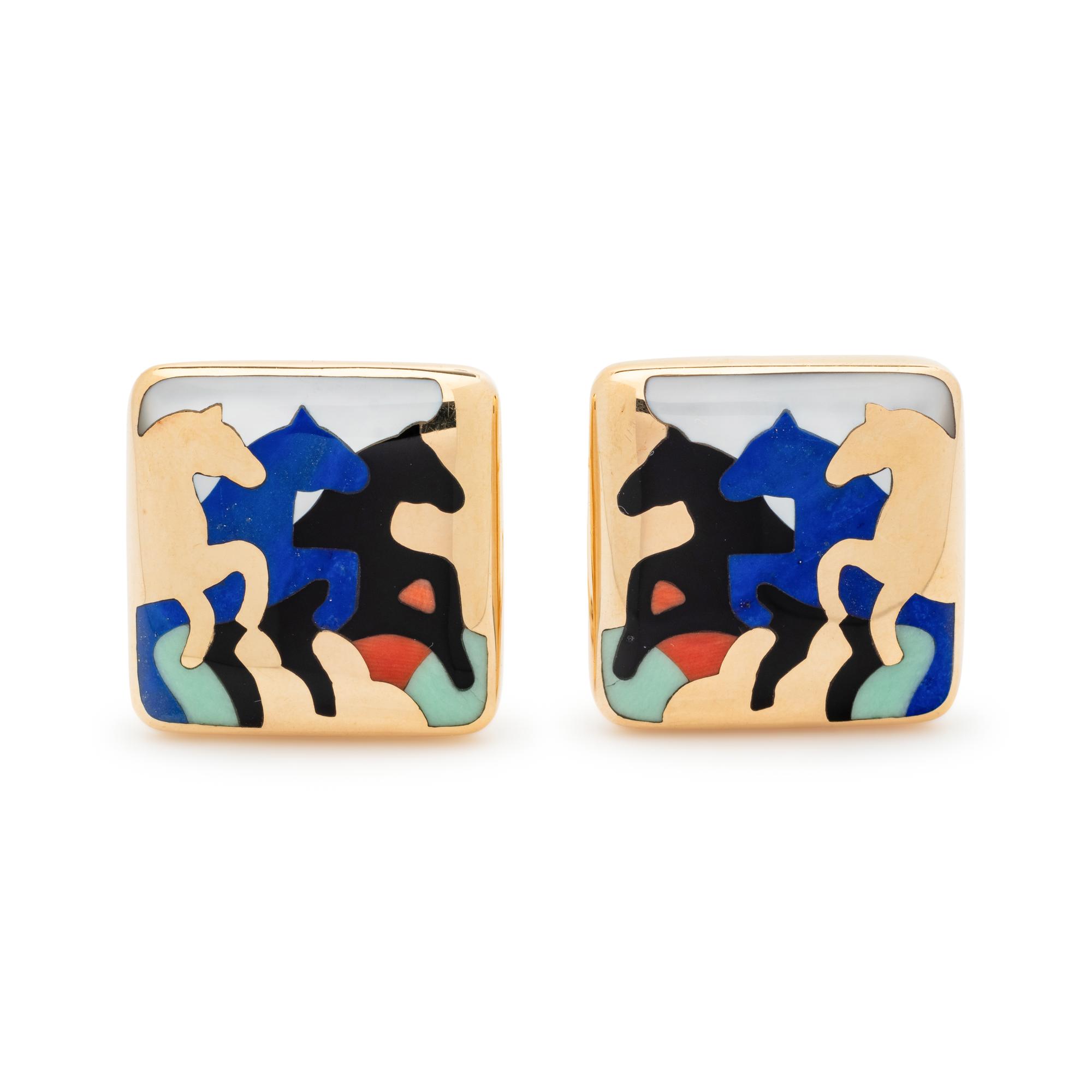 ASCH GROSSBARDT, YELLOW GOLD AND HARDSTONE INLAY EARCLIPS