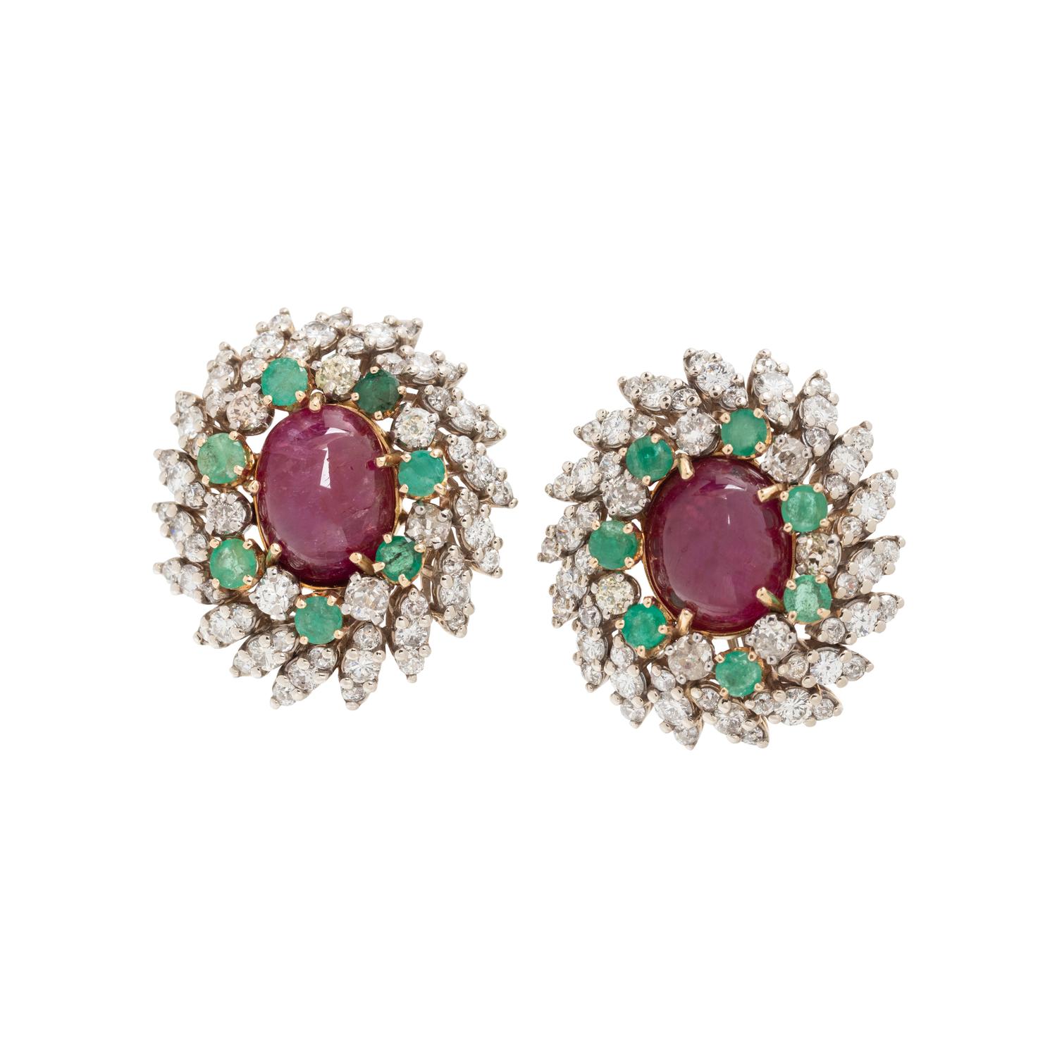 RUBY, DIAMOND AND EMERALD CLIP EARRINGS