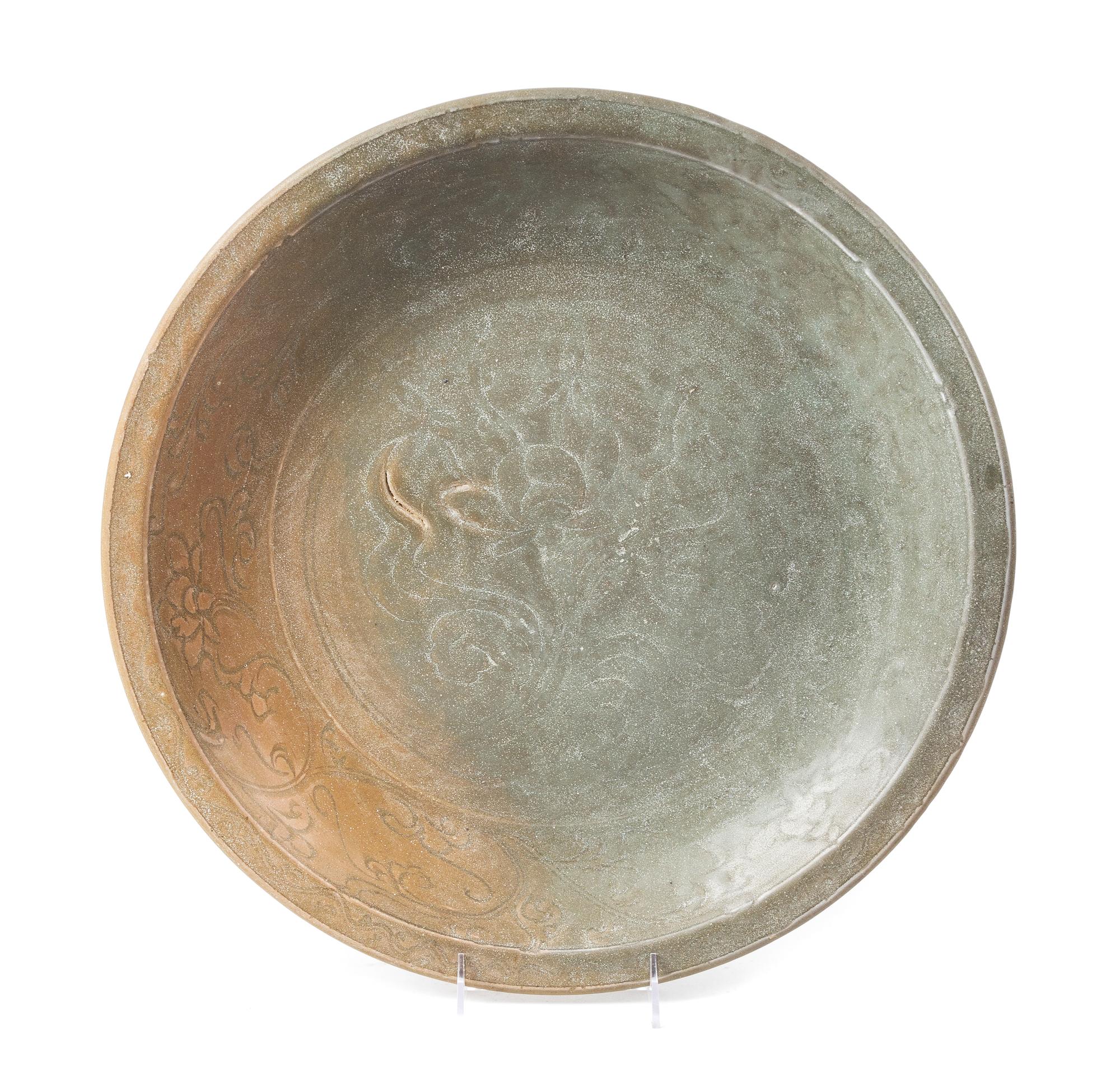 A Chinese Celadon Glazed Porcelain Charger Diameter 17 inches.