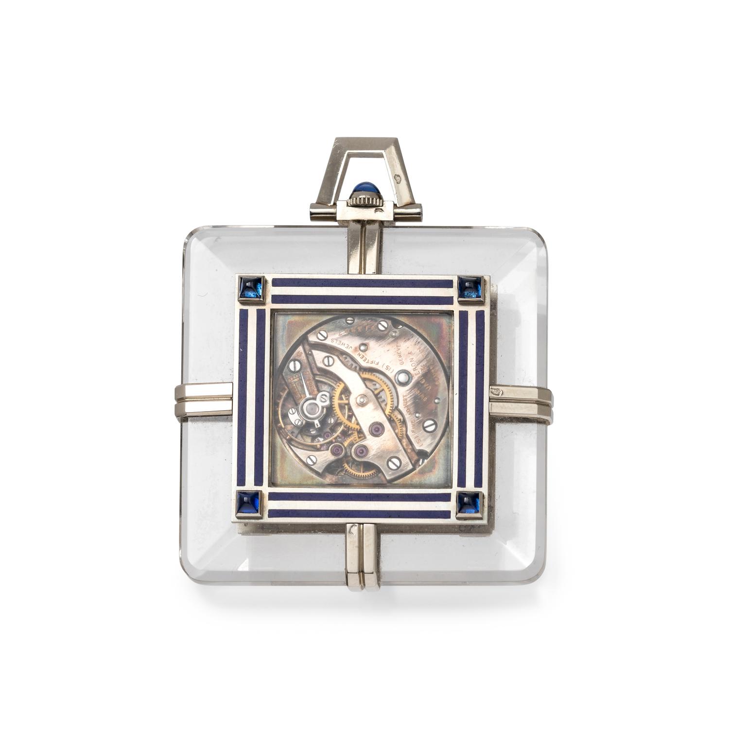 VACHERON CONSTANTIN, 18K WHITE GOLD, ROCK CRYSTAL AND SAPPHIRE OPEN FACE POCKET WATCH