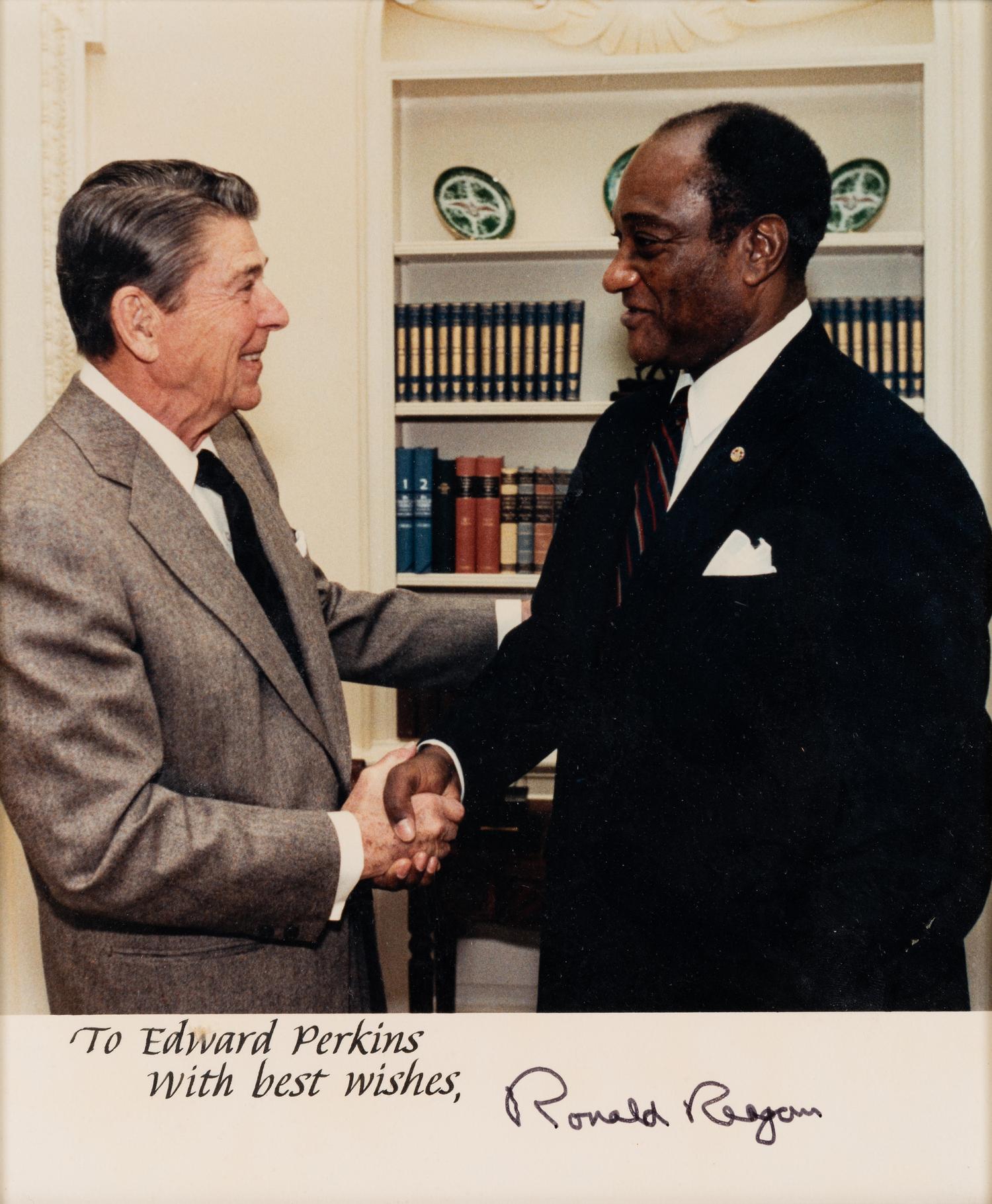 [PERKINS, Edward Joseph (1928-2020)]. A group of 9 documents or photographs by Presidents Nixon, Reagan, or Bush to Perkins, presumably with secretarial or facsimile signatures, including: