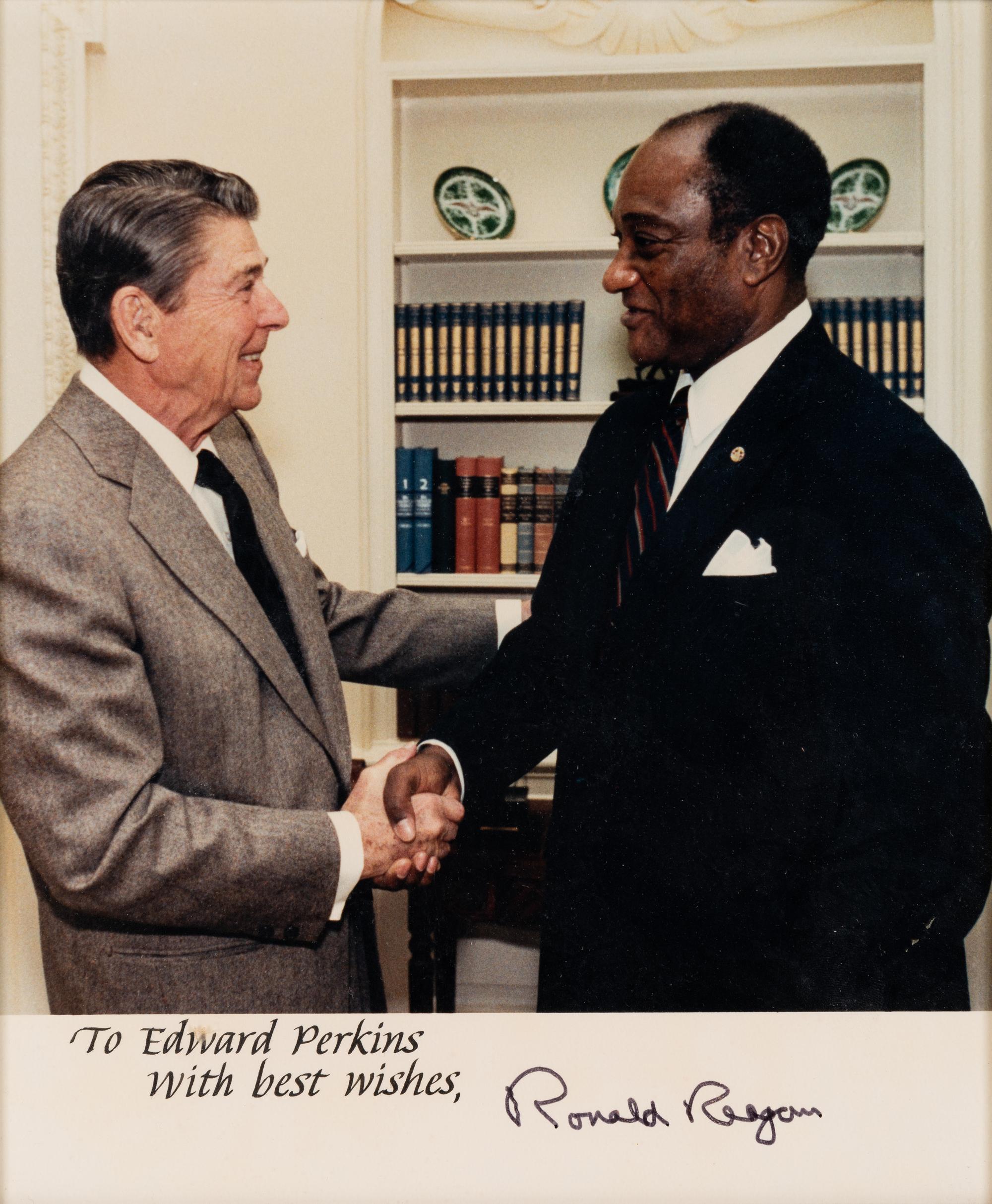[PERKINS, Edward Joseph (1928-2020)]. A group of 9 documents or photographs by Presidents Nixon, Reagan, or Bush to Perkins, presumably with secretarial or facsimile signatures, including: