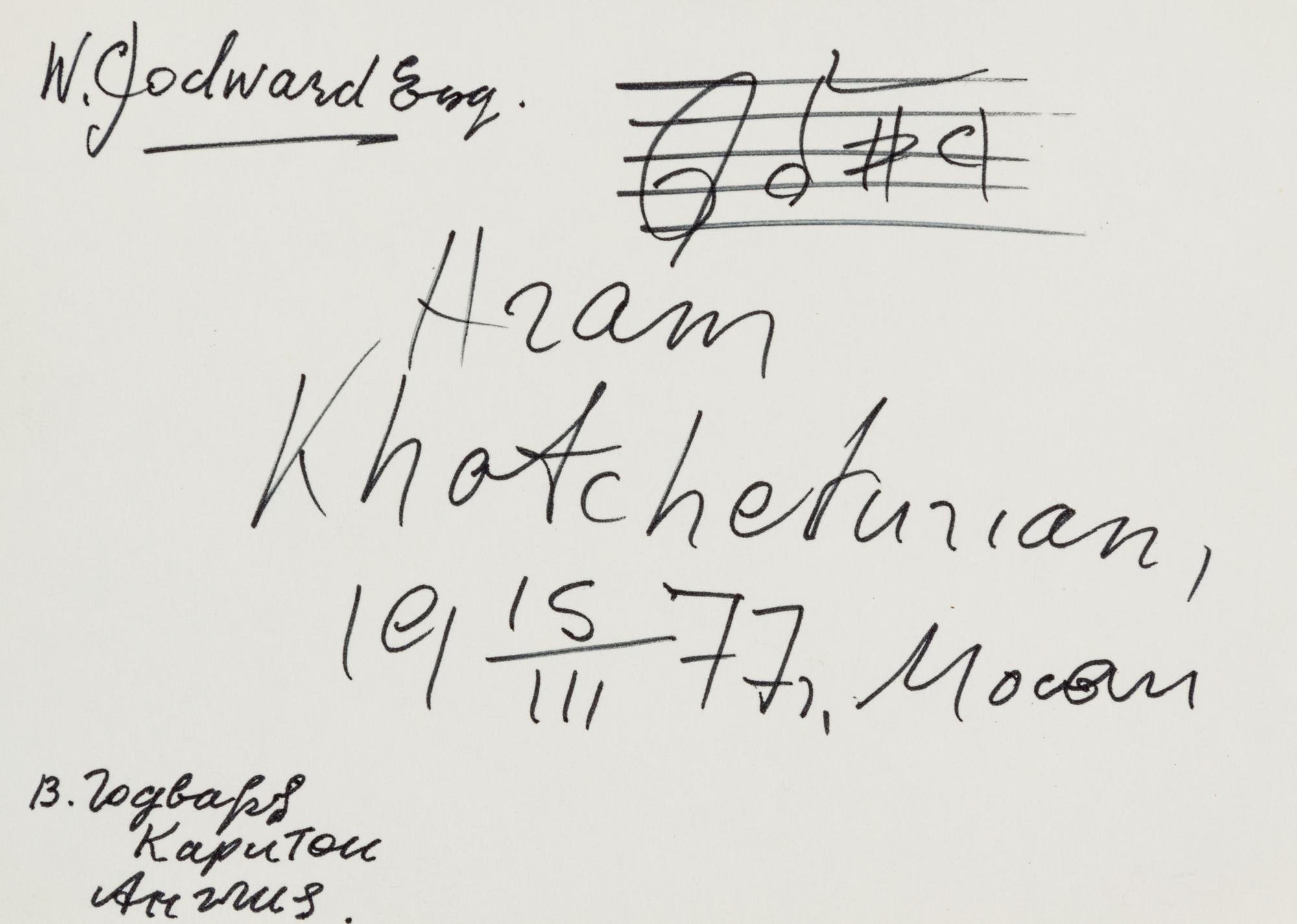 KHACHATURIAN, Aram (1903-1978). Autograph musical quotation signed ("Aram Khachaturian"), to W. Godward, Moscow, 15 March 1977.