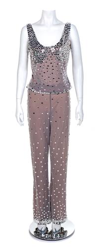 CD Greene Sheer White Mesh with Mirrored Rhinestones Ensemble, 1990-2000s No size label