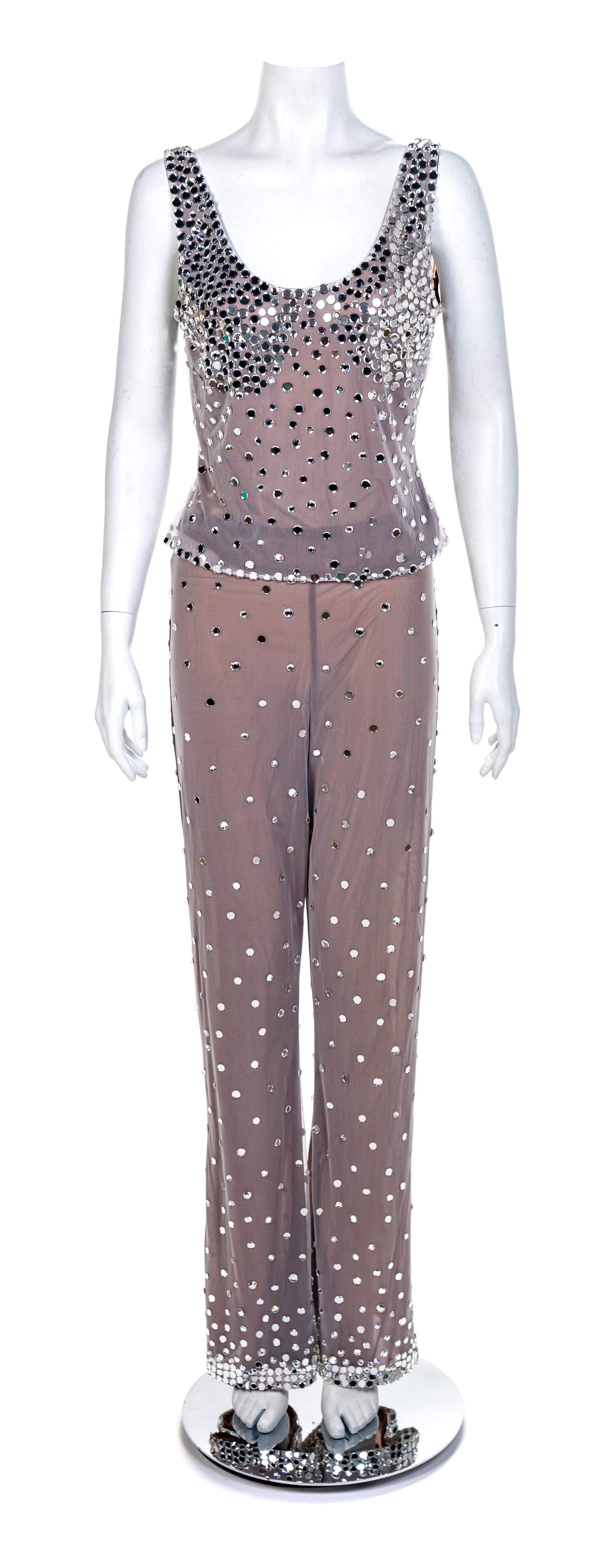 CD Greene Sheer White Mesh with Mirrored Rhinestones Ensemble, 1990-2000s No size label