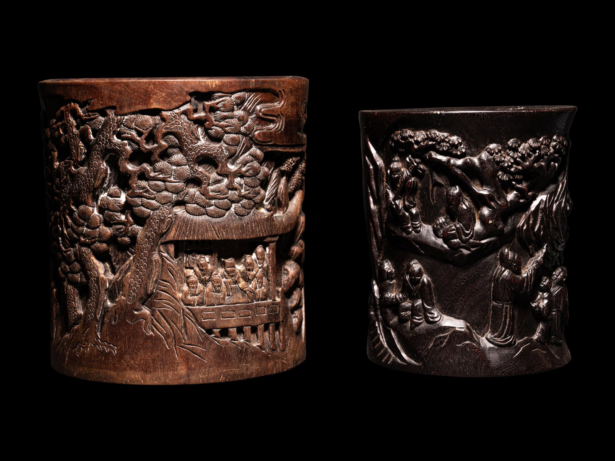 Two Chinese Carved Hardwood Brushpots, Bitong
