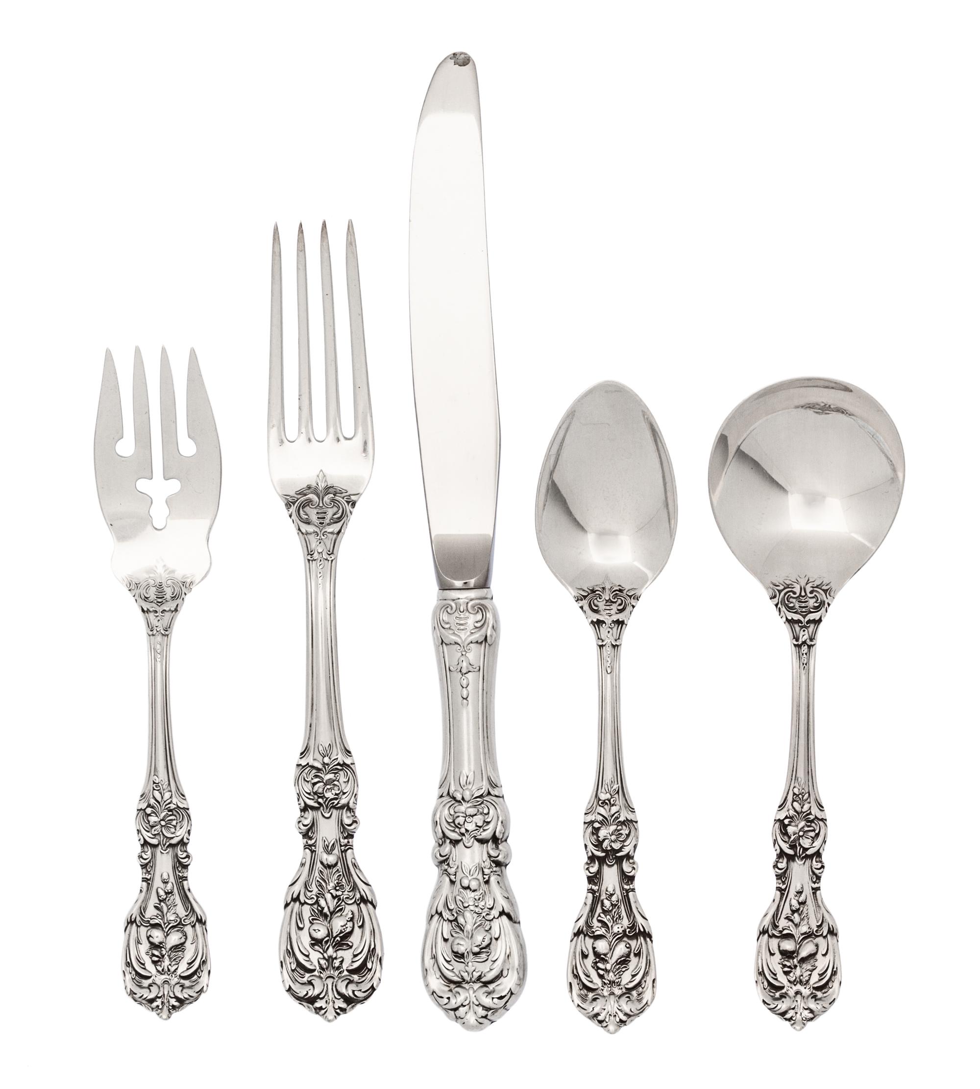 An American Silver Flatware Service, Reed & Barton, Taunton, MA, Francis I pattern, comprising: 10 dinner knives 10 dinner forks 10 sal
