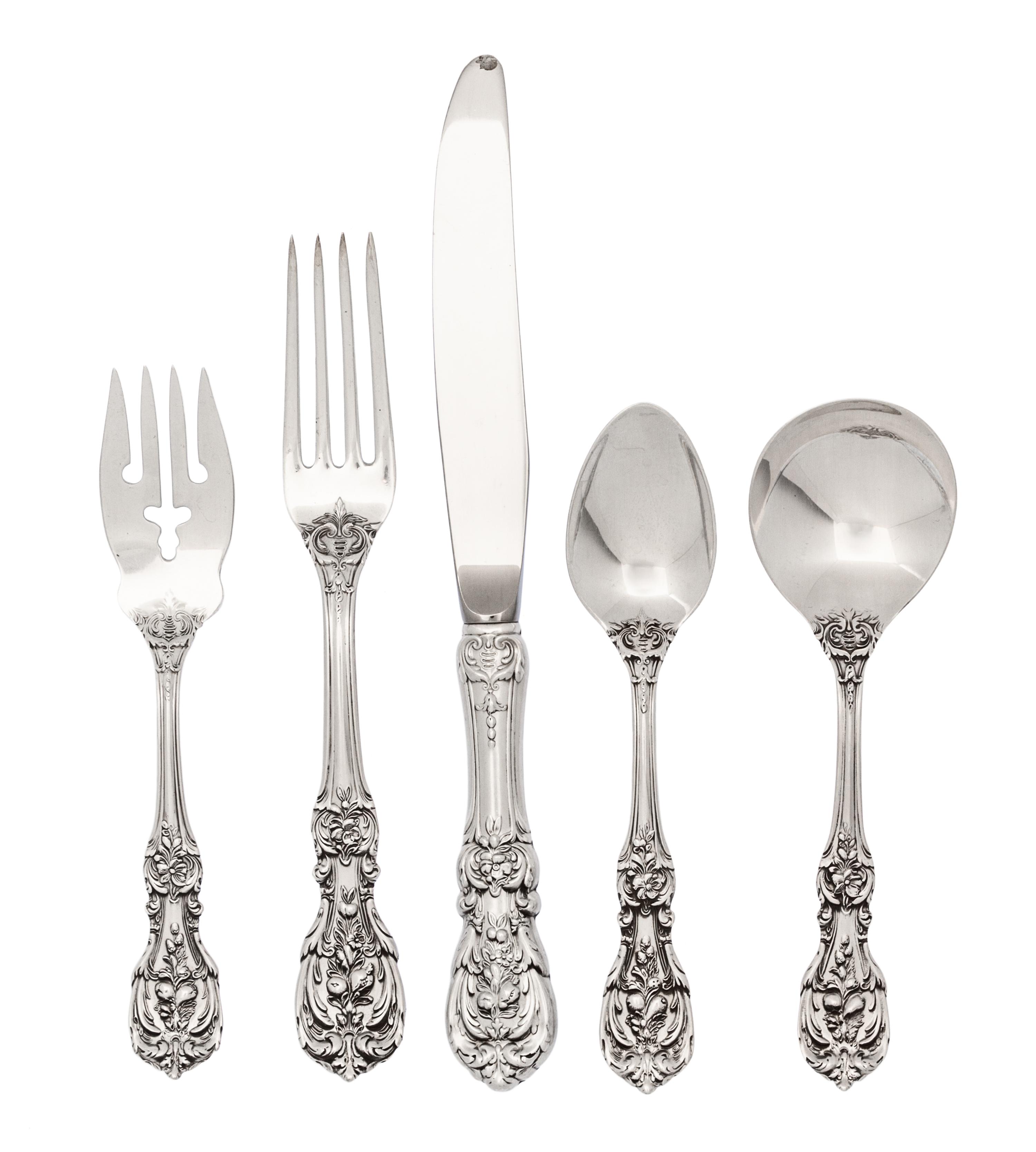 An American Silver Flatware Service, Reed & Barton, Taunton, MA, Francis I pattern, comprising: 10 dinner knives 10 dinner forks 10 sal