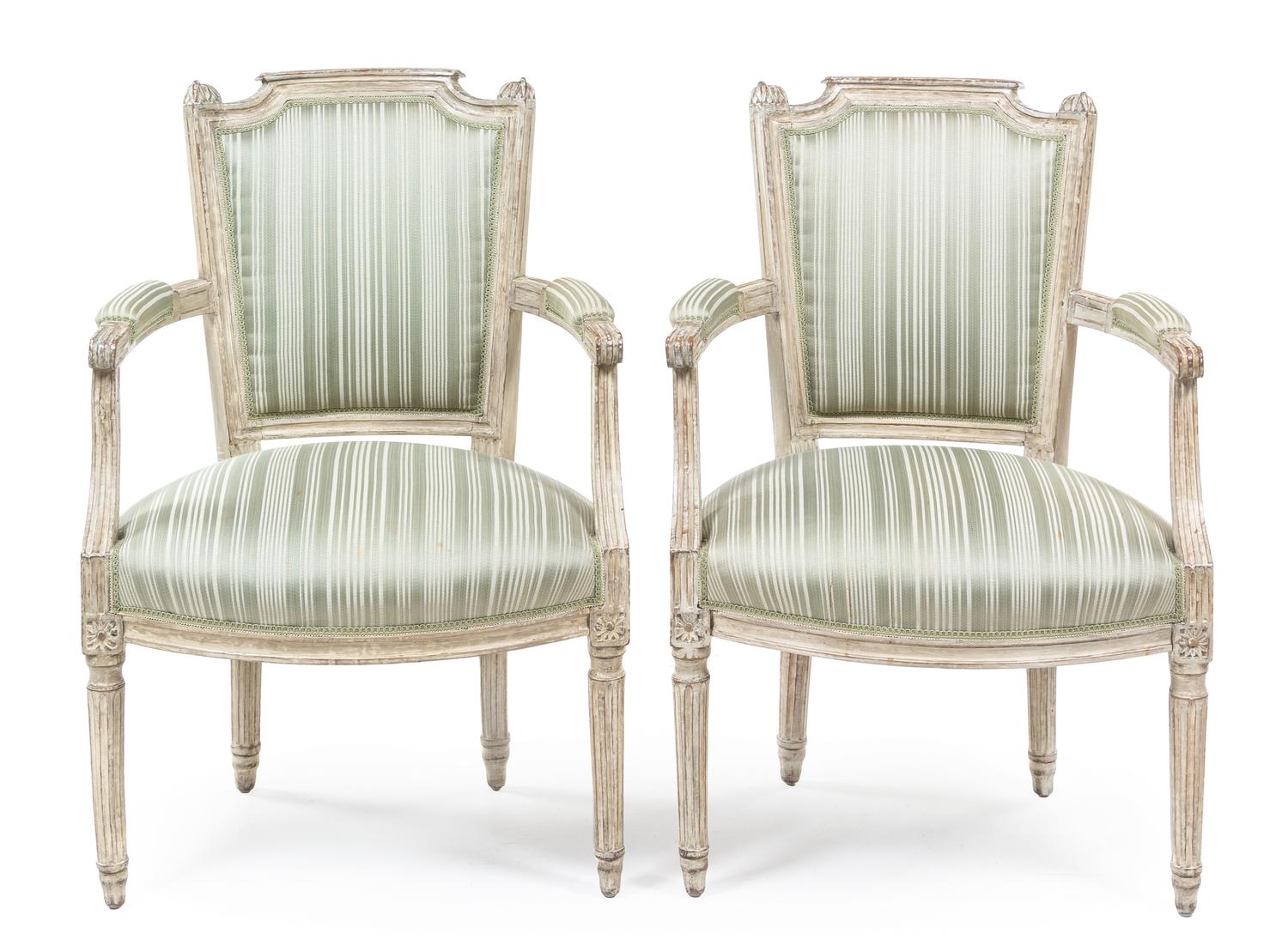 A Near Pair of Louis XVI Painted Fauteuils Height 34 inches. — 18TH/19TH CENTURY