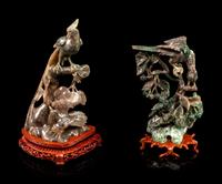 Two Chinese Spinach Jade Figural Groups of Birds
