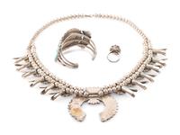 Silver, Turquoise, and Coral Petit Point Cluster Squash Blossom Necklace AND Cuff Bracelet , PLUS