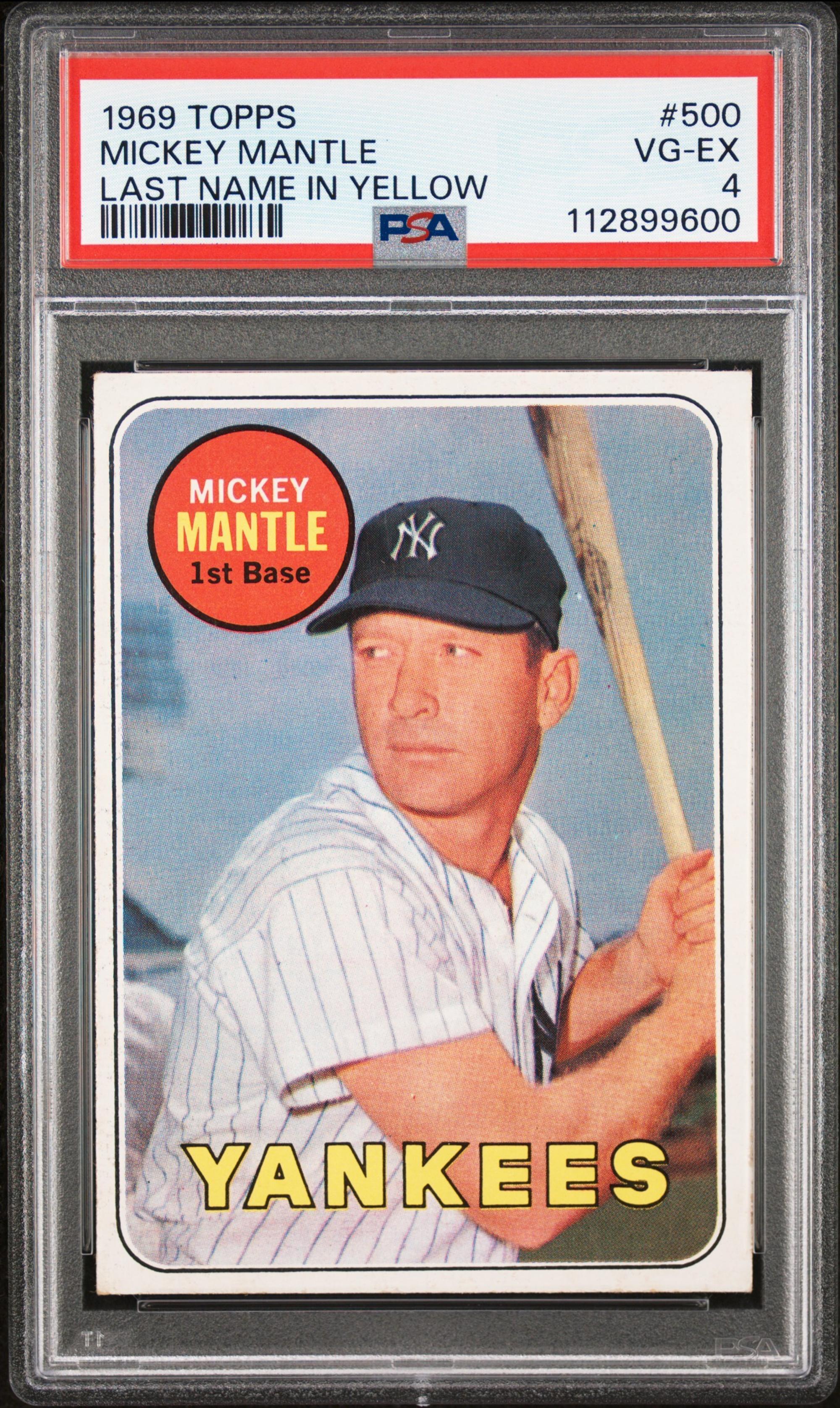 A 1969 Topps Mickey Mantle Baseball Card No. 500 - MANTLE LAST NAME IN YELLOW (PSA 4 VG-EX)