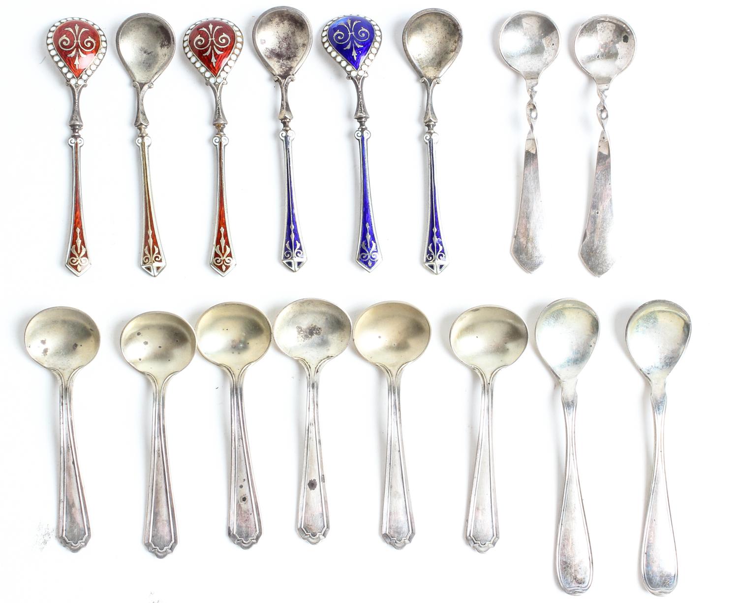 A Collection of Sixteen Salt Spoons, various makers, comprising a set of six marked for Watson Co., Attleboro, MA, a set of six decorat