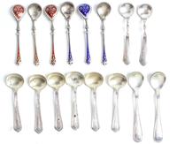 A Collection of Sixteen Salt Spoons, various makers, comprising a set of six marked for Watson Co., Attleboro, MA, a set of six decorat
