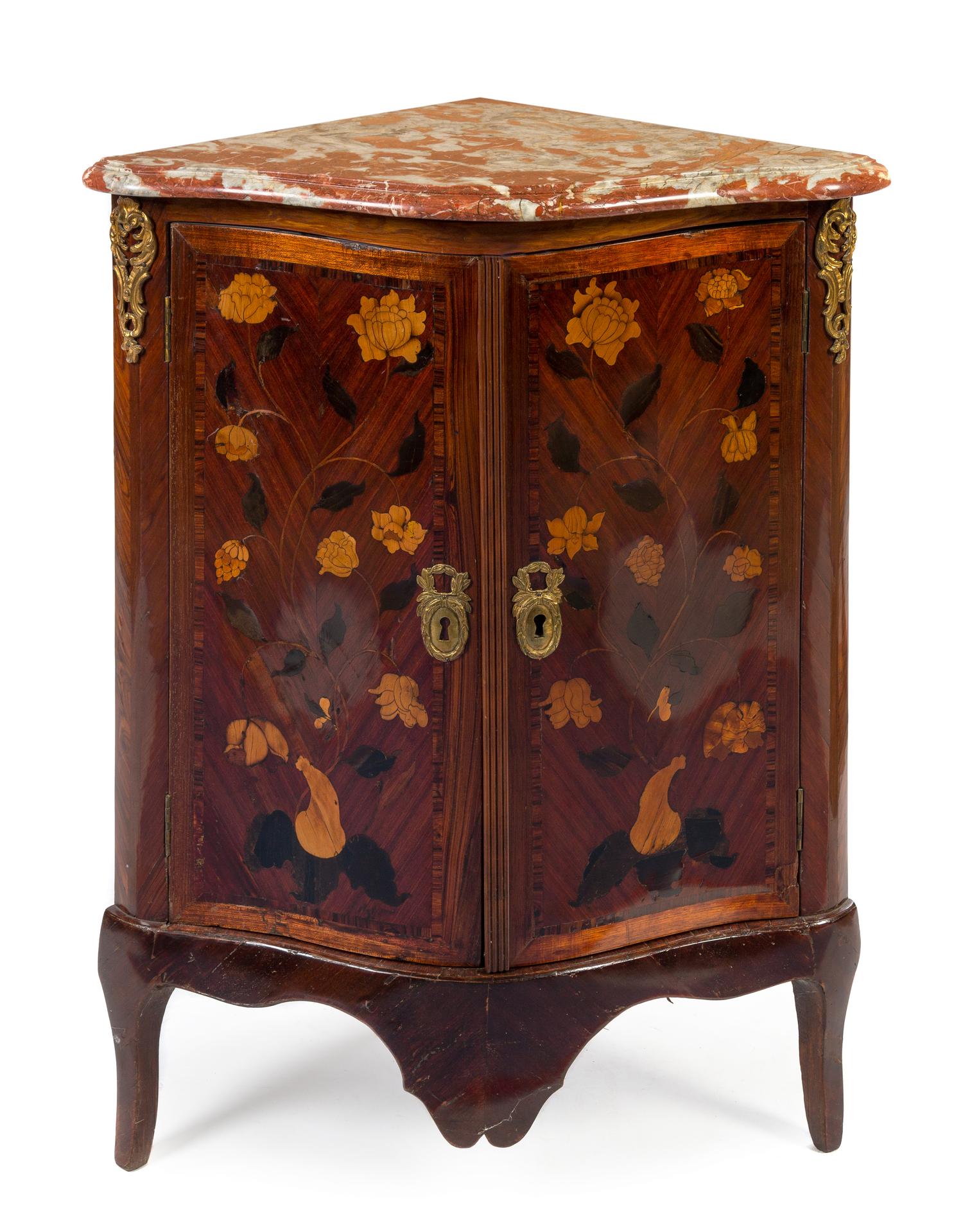 A Louis XV Style Gilt Bronze Mounted Marquetry Encoignure Height 35 1/8 x width 19 1/8 x depth 18 5/8 inches. — 18TH CENTURY