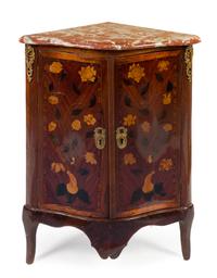 A Louis XV Style Gilt Bronze Mounted Marquetry Encoignure Height 35 1/8 x width 19 1/8 x depth 18 5/8 inches. — 18TH CENTURY