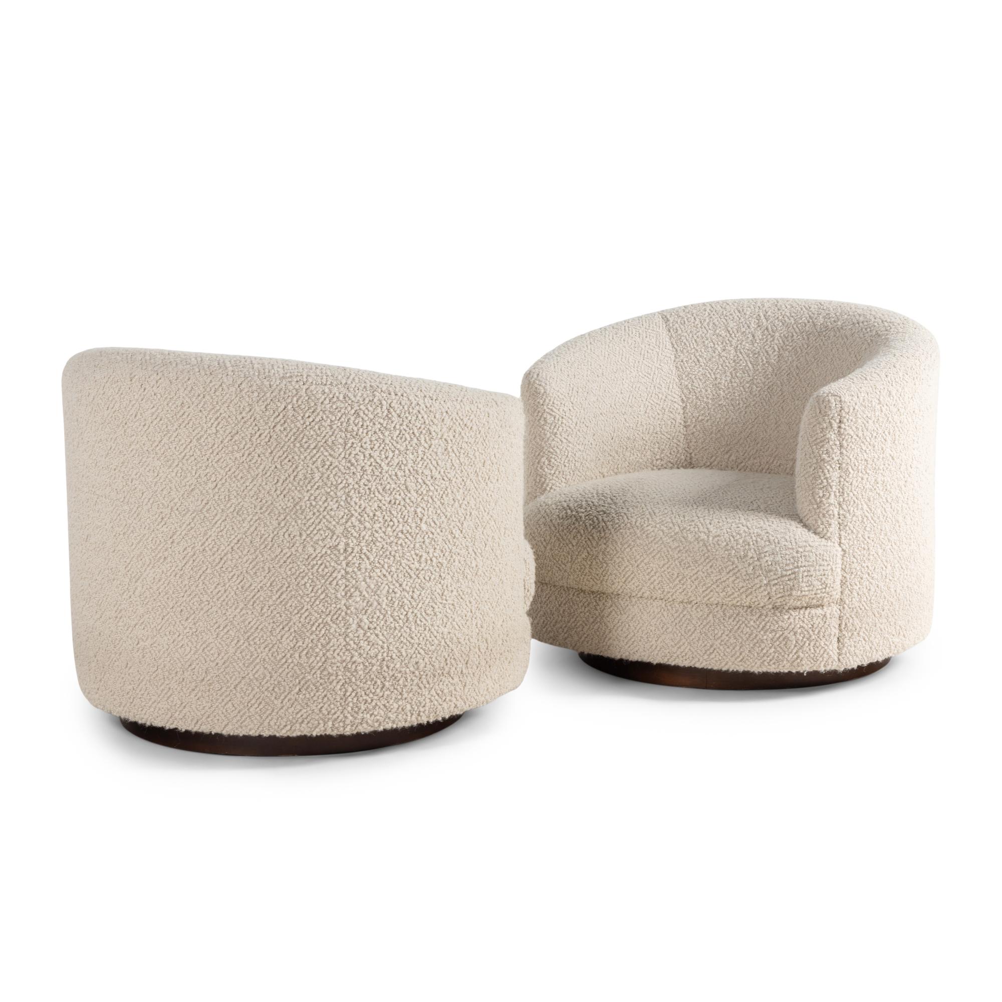 A Pair of Custom Barrel Back Swivel Chairs with Bouclé Upholstery