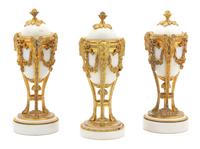 A Set of Three Louis XVI Style Gilt-Bronze-Mounted White Marble Cassoulettes Height 9 3/8 inches. — LATE 19TH/EARLY 20TH CENTURY