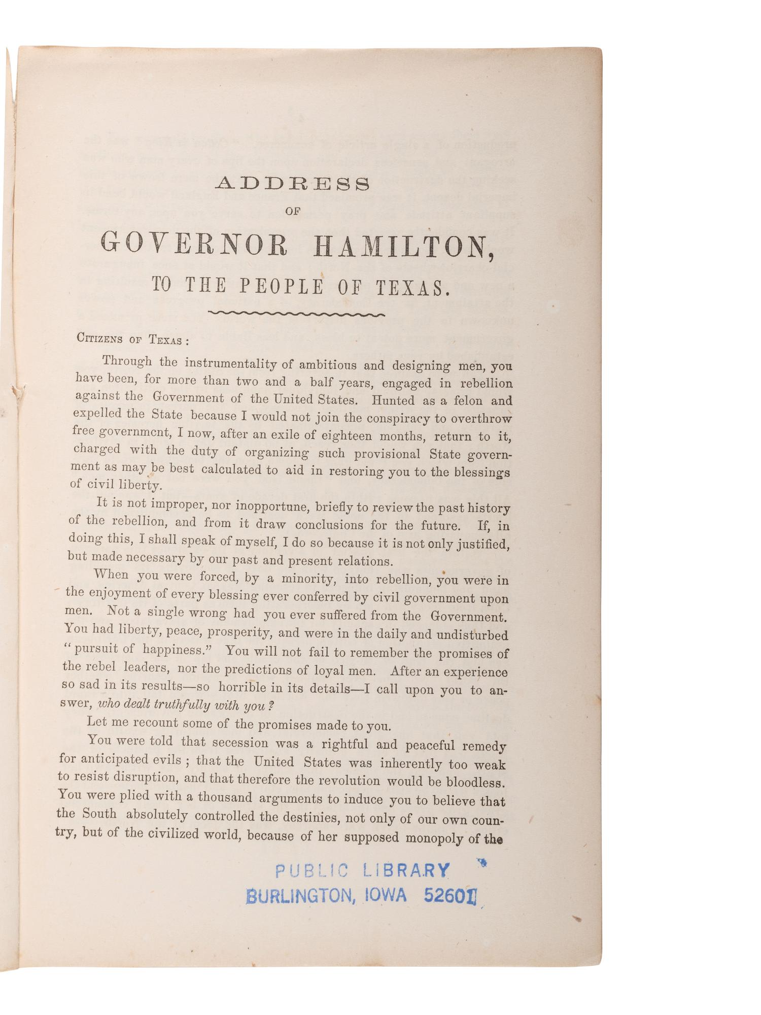 [CIVIL WAR - TEXAS]. HAMILTON, Andrew Jackson (1815-1875). Address of A.J. Hamilton , Military Governor to the People of Texas. New Orleans: The Era Office, 1864.