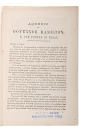 [CIVIL WAR - TEXAS]. HAMILTON, Andrew Jackson (1815-1875). Address of A.J. Hamilton , Military Governor to the People of Texas. New Orleans: The Era Office, 1864.