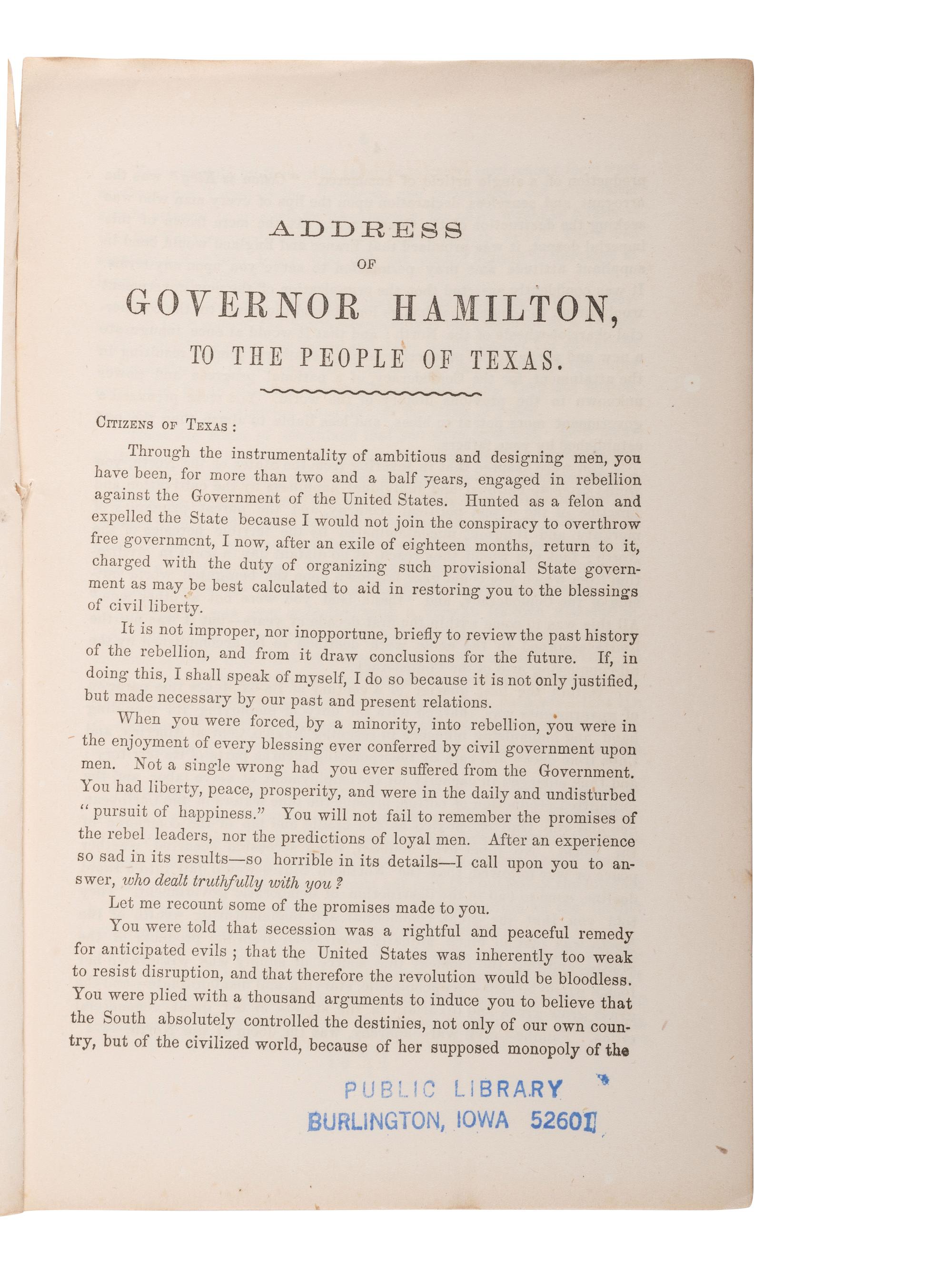 [CIVIL WAR - TEXAS]. HAMILTON, Andrew Jackson (1815-1875). Address of A.J. Hamilton , Military Governor to the People of Texas. New Orleans: The Era Office, 1864.