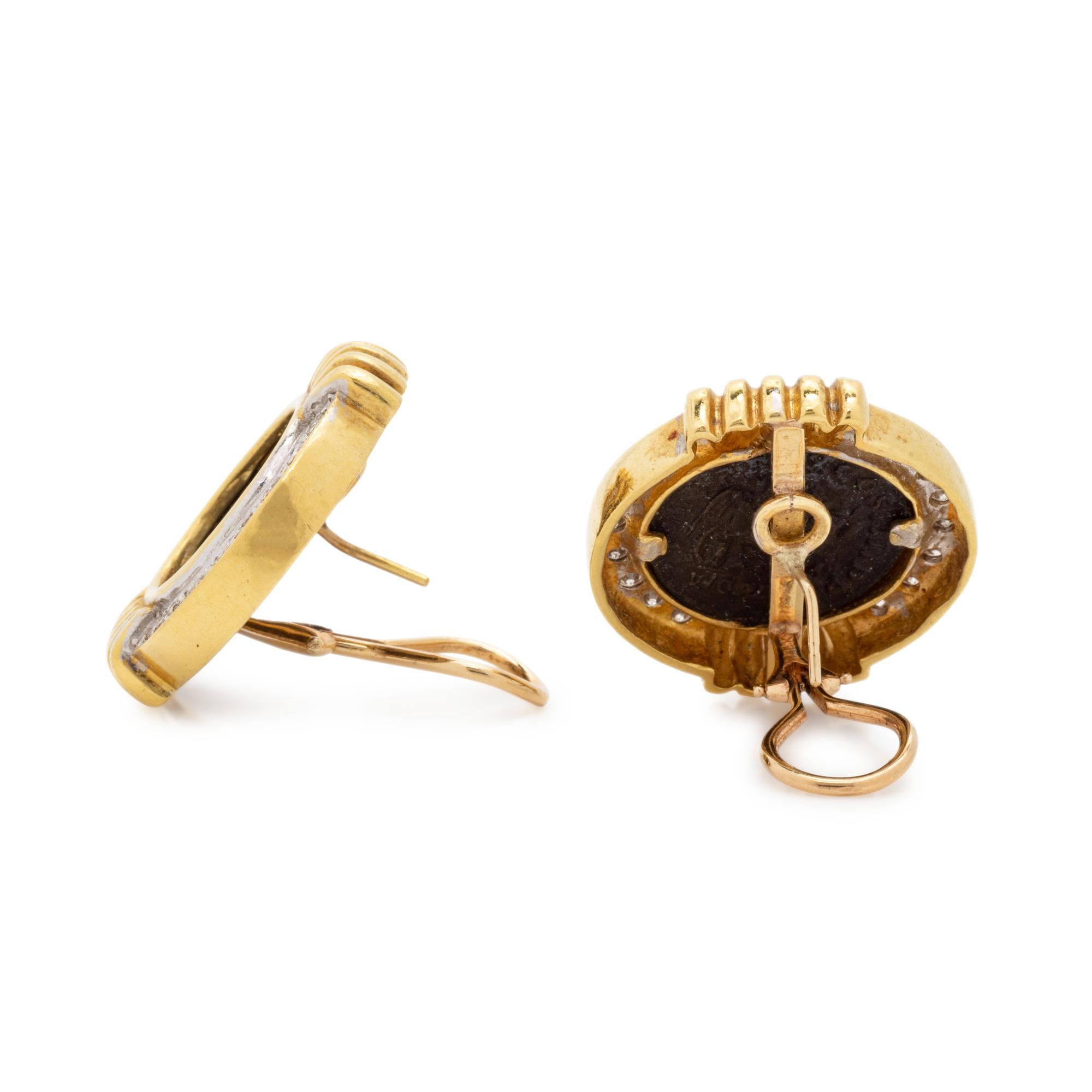 YELLOW GOLD, COIN AND DIAMOND EARCLIPS