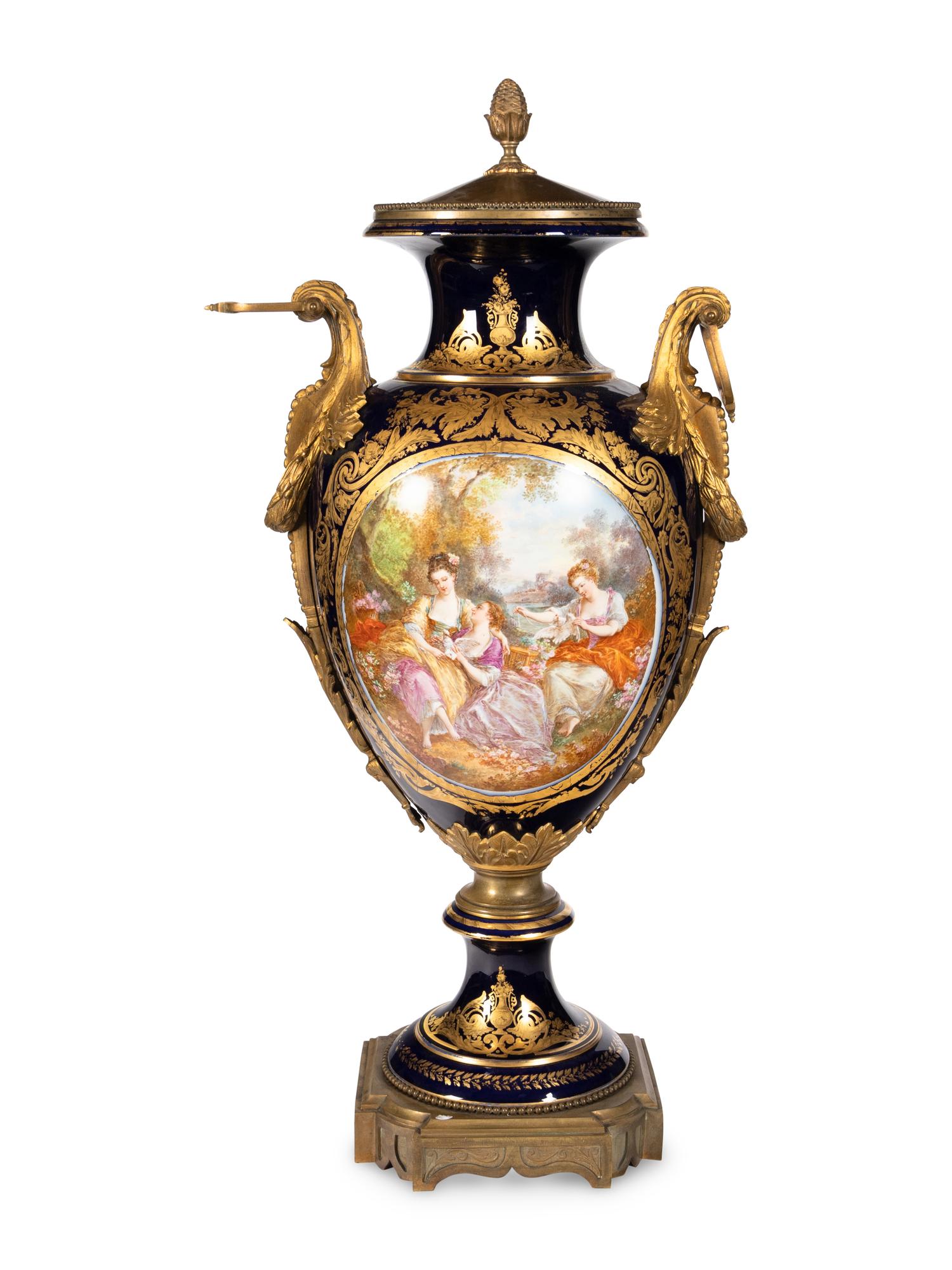 A Large Gilt Bronze Mounted Sèvres Style Porcelain Urn