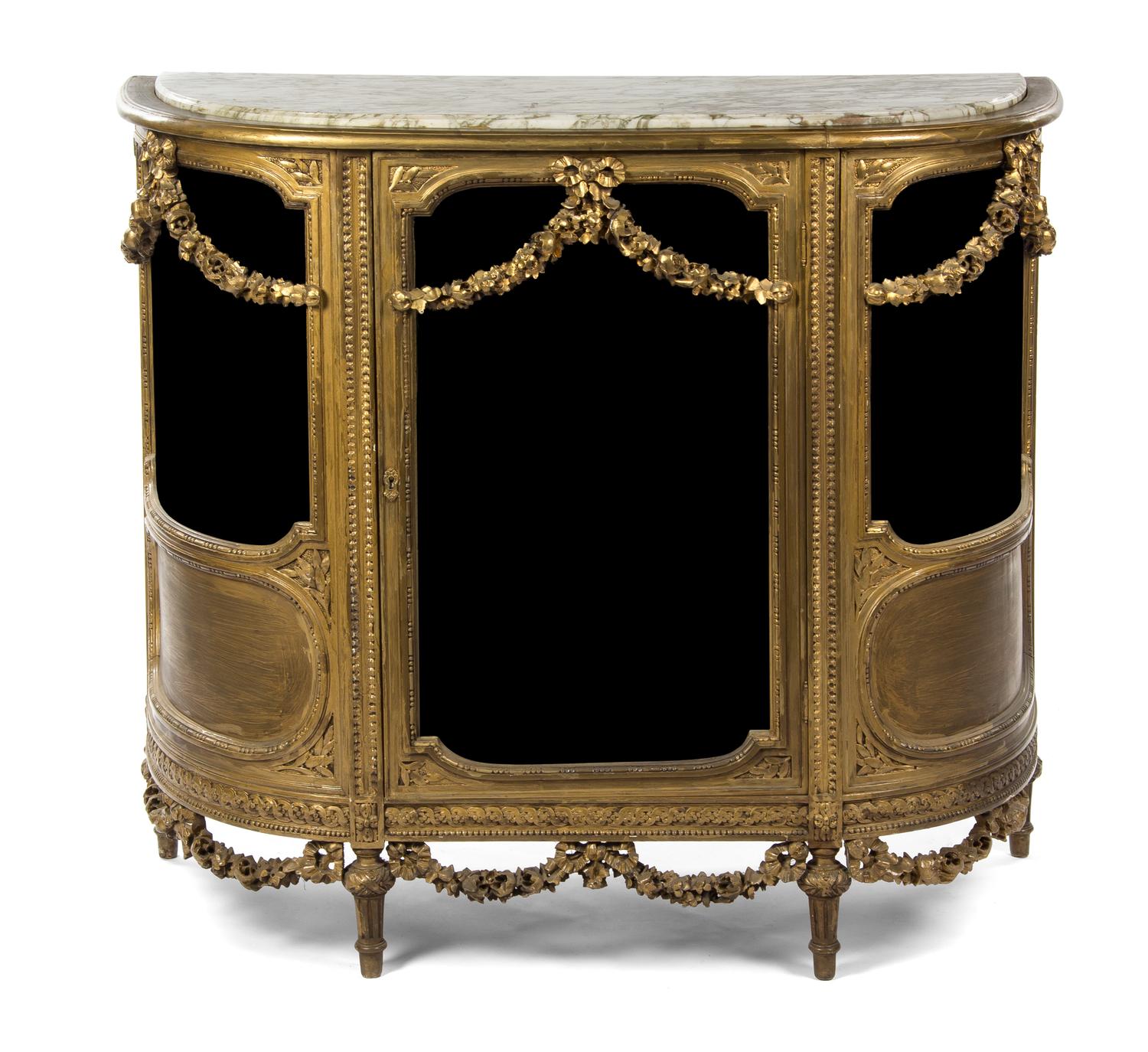 A Louis XVI Style Giltwood Vitrine, Height 39 3/4 x width 45 1/8 x depth 18 1/2 inches.