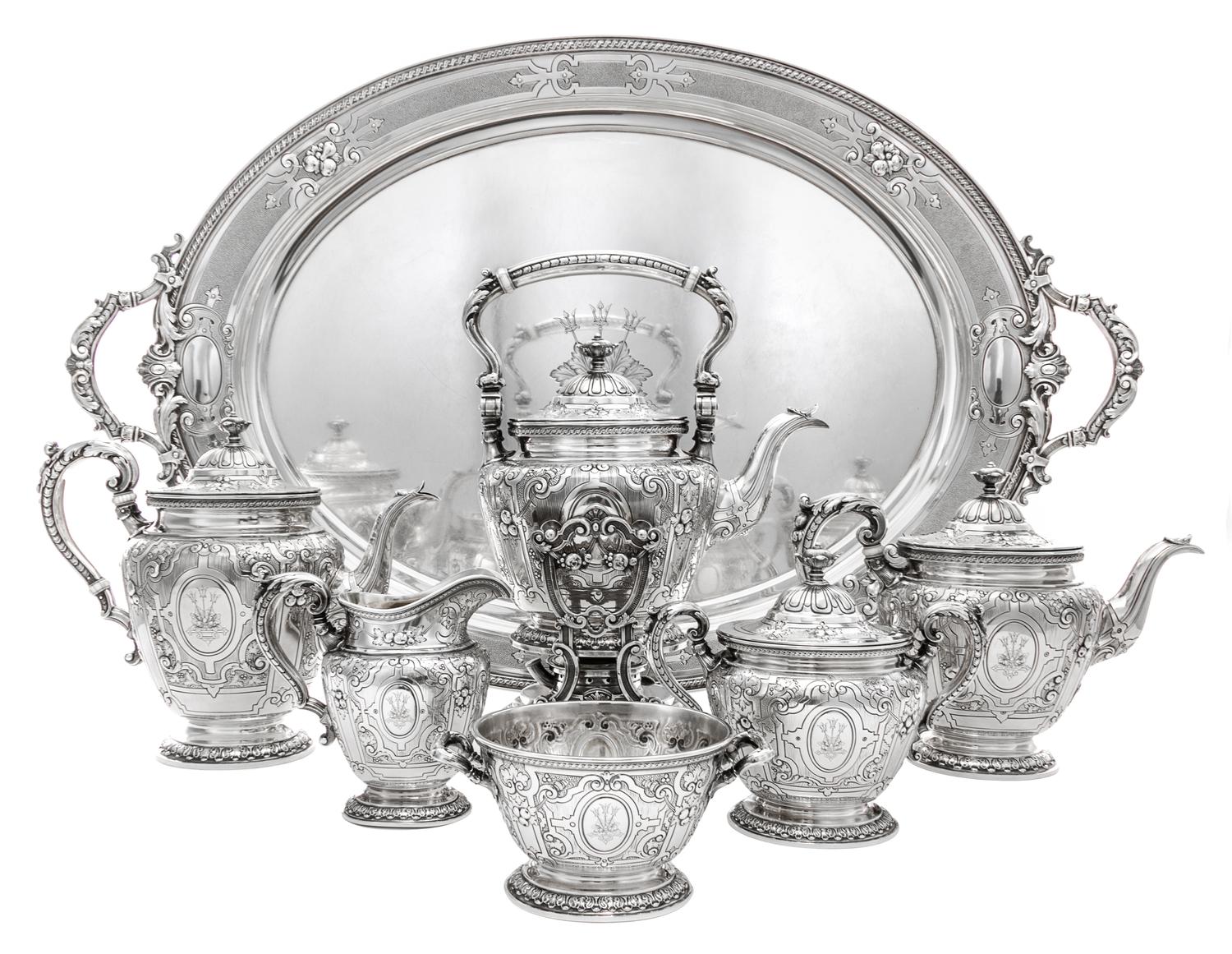 An American Silver Seven-Piece Tea and Coffee Service, Gorham Mfg. Co., Providence, RI, 1914, comprising a water kettle on stand, a tea