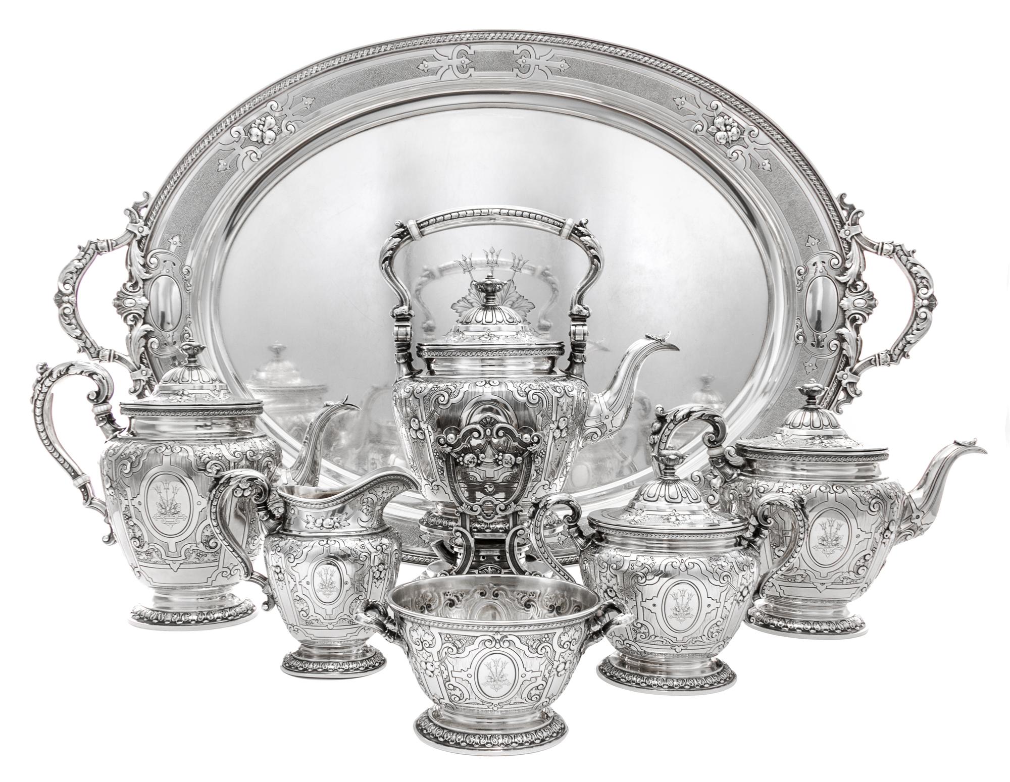 An American Silver Seven-Piece Tea and Coffee Service, Gorham Mfg. Co., Providence, RI, 1914, comprising a water kettle on stand, a tea