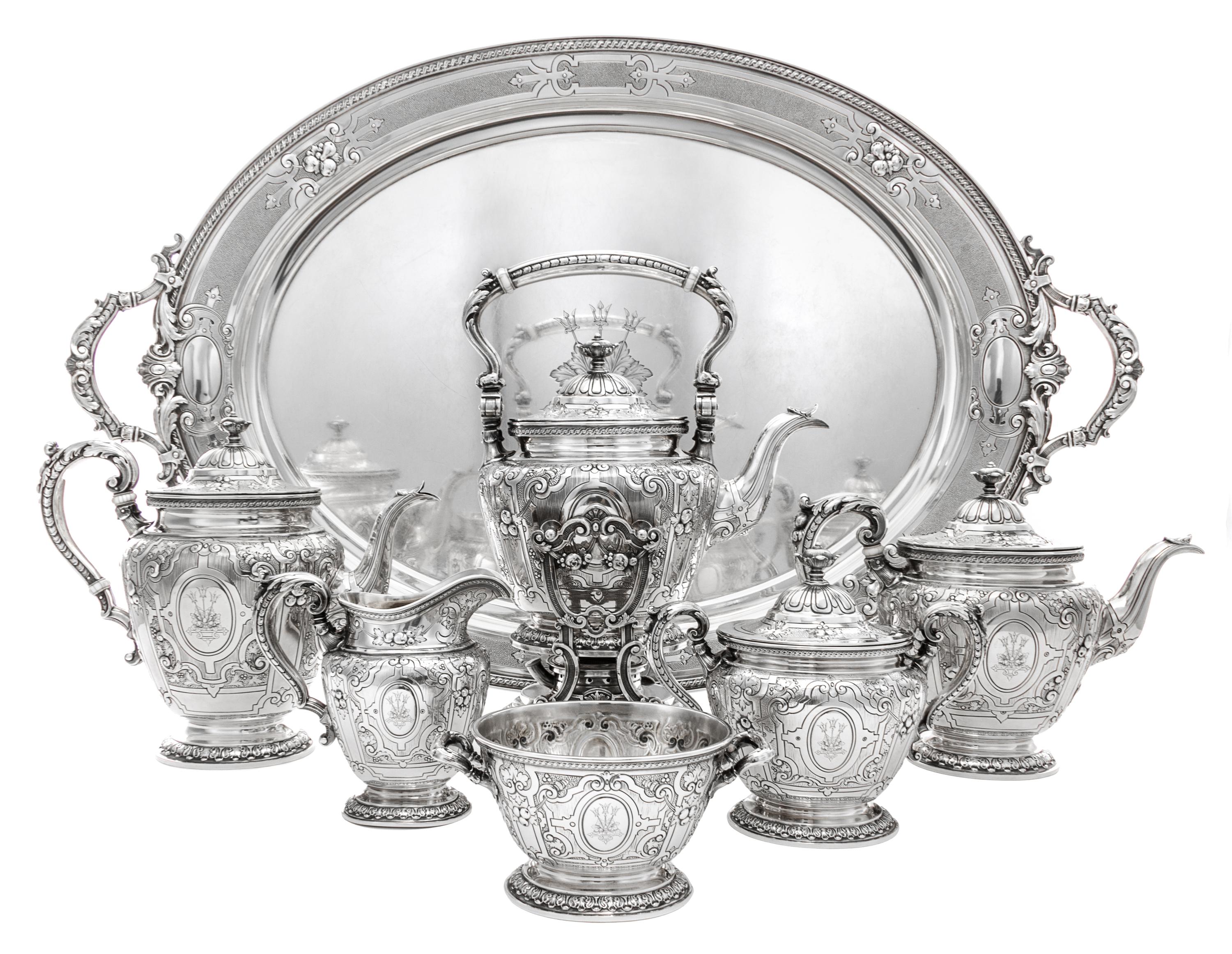 An American Silver Seven-Piece Tea and Coffee Service, Gorham Mfg. Co., Providence, RI, 1914, comprising a water kettle on stand, a tea