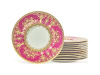 A Set of Twelve Mintons Crimson and Parcel-Gilt Dinner Plates