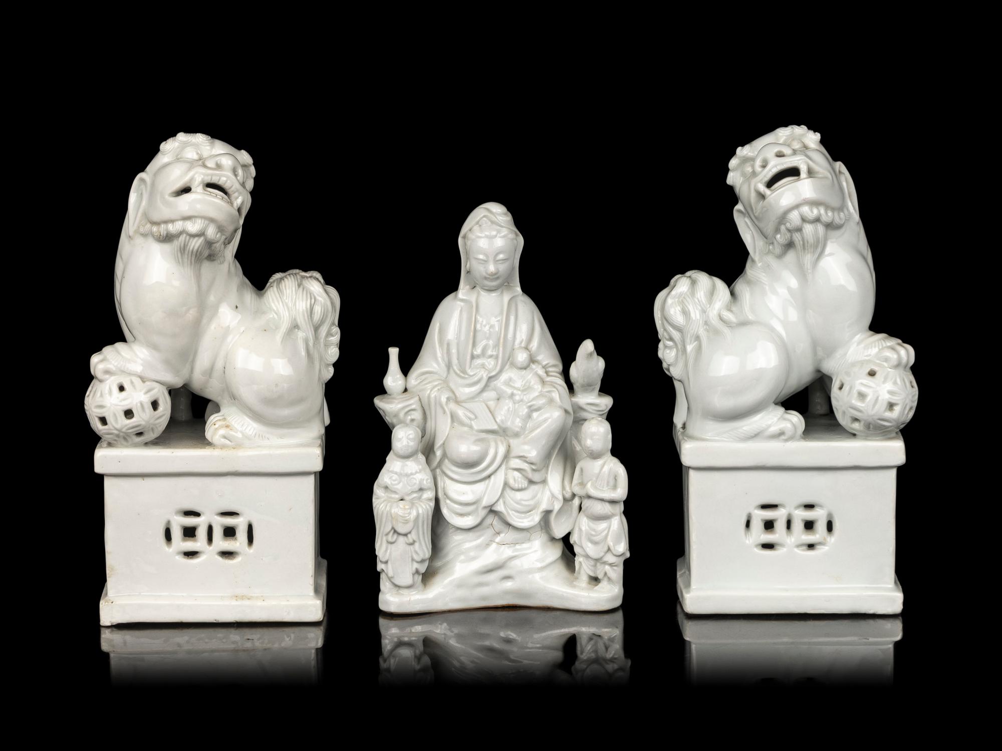 Three Chinese Blanc-de-Chine Porcelain Figures