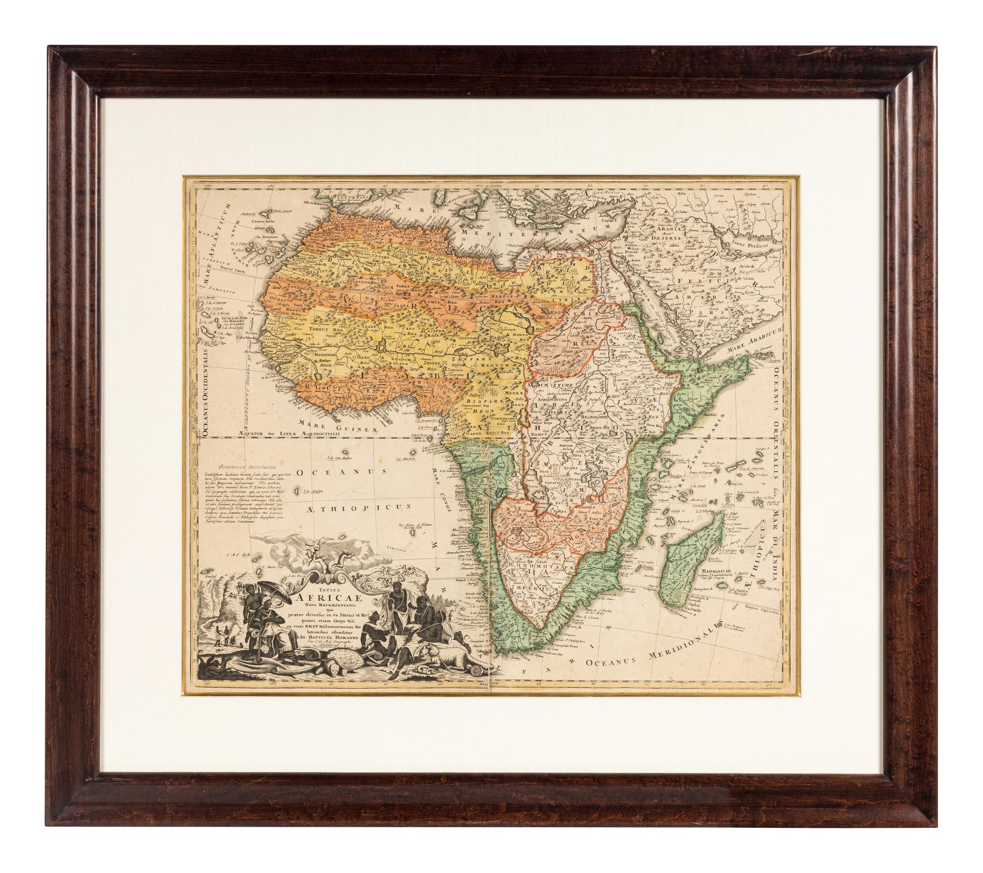 [MAPS]. HOMANN, Johann Baptist (1663-1724). Four engraved continent maps with hand-coloring, each matted and framed, comprising: