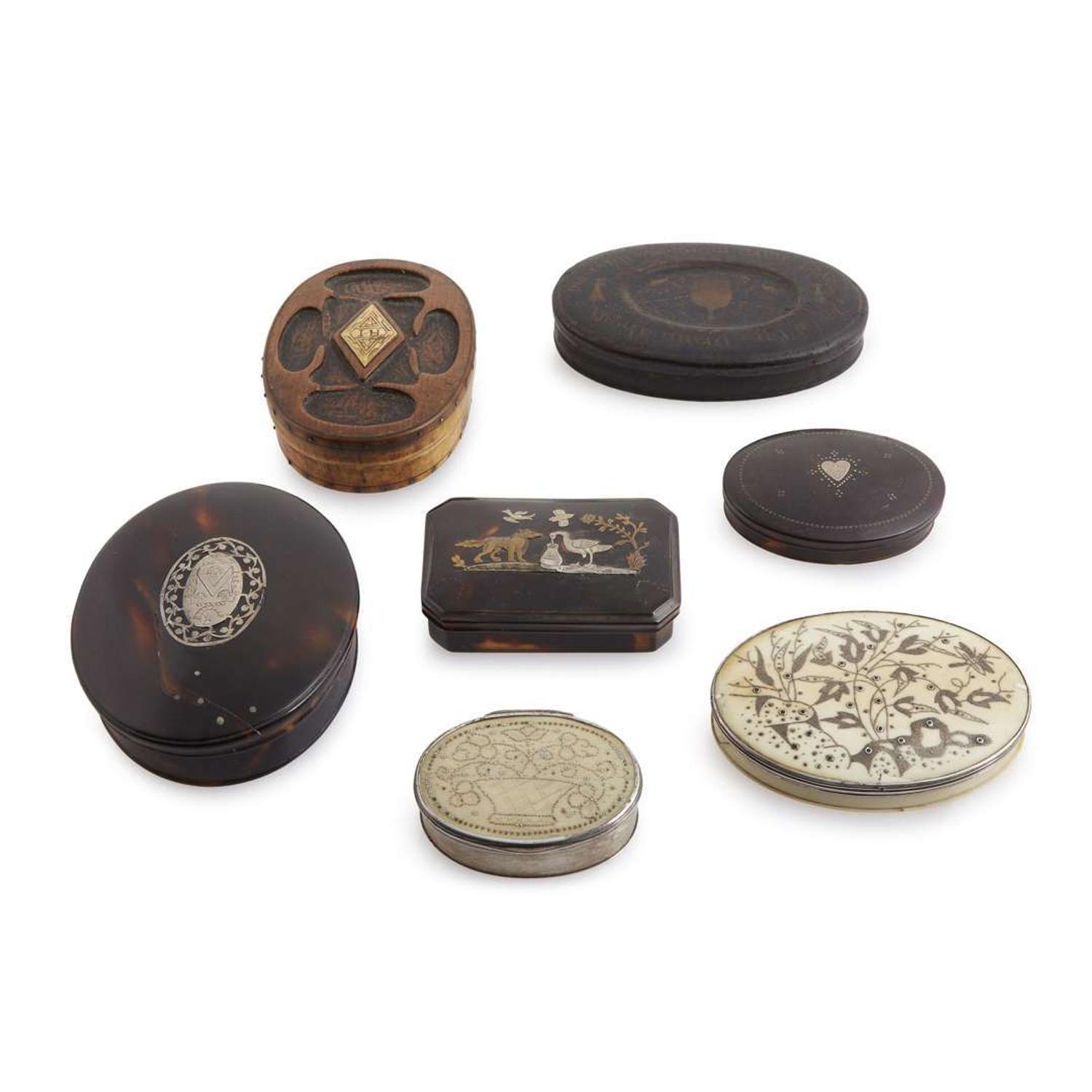 Group of seven inlaid and decorated tortoiseshell, ivory, horn, wood, and metal snuff/patch boxes English and Continental, late 17th-early 19th century
