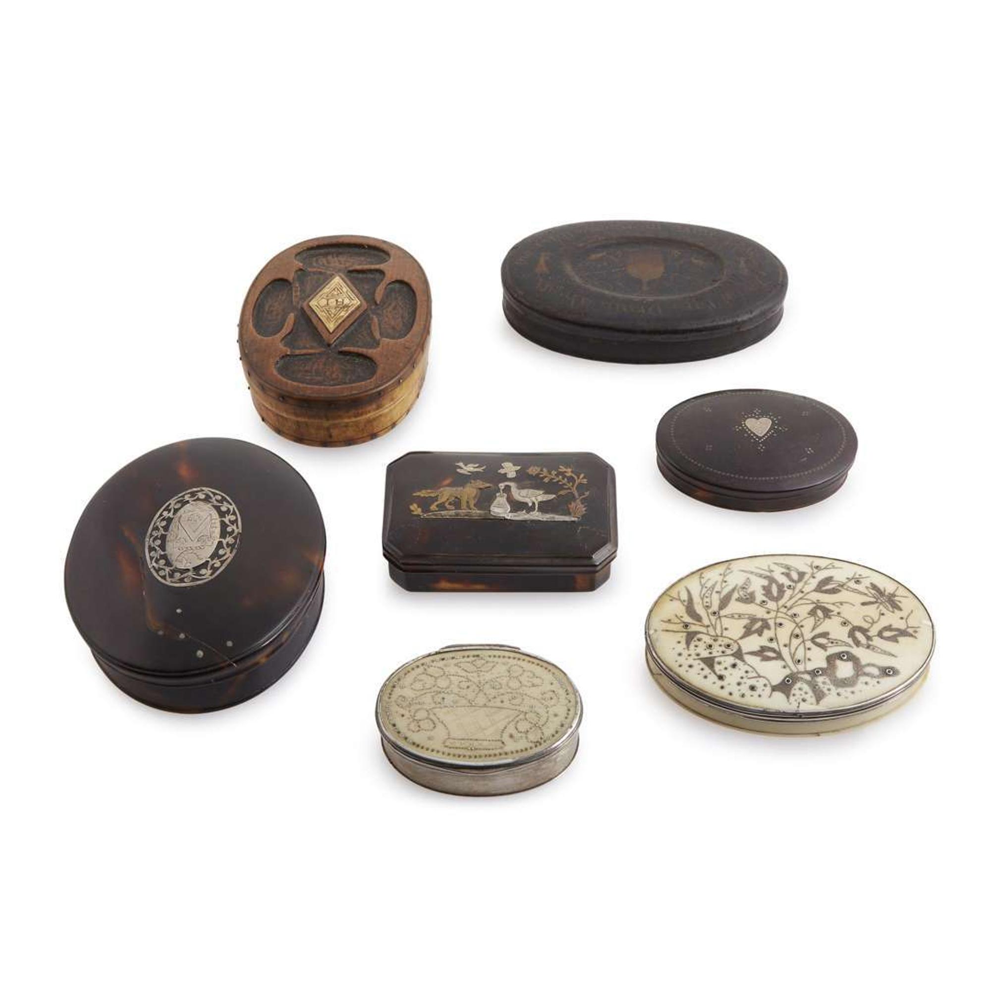 Group of seven inlaid and decorated tortoiseshell, ivory, horn, wood, and metal snuff/patch boxes English and Continental, late 17th-early 19th century
