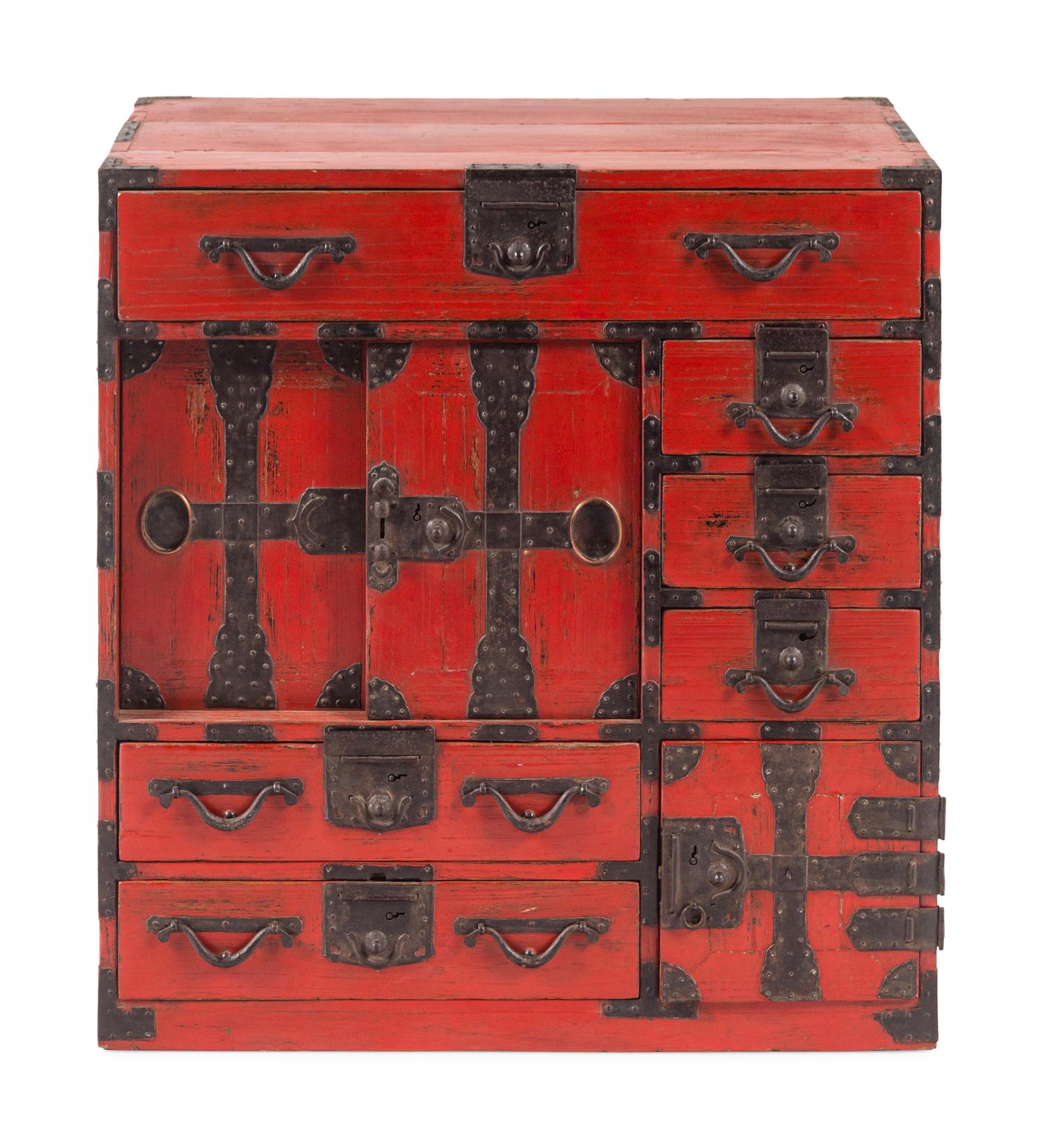 A Korean Red Lacquered Tansu Cabinet
