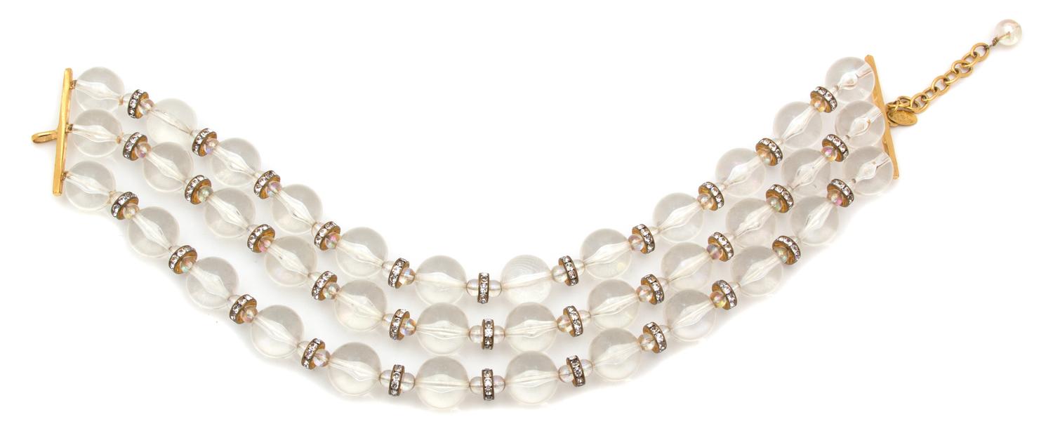 A Chanel Clear Bead Triple Strand Choker Necklace, 15" x 2".