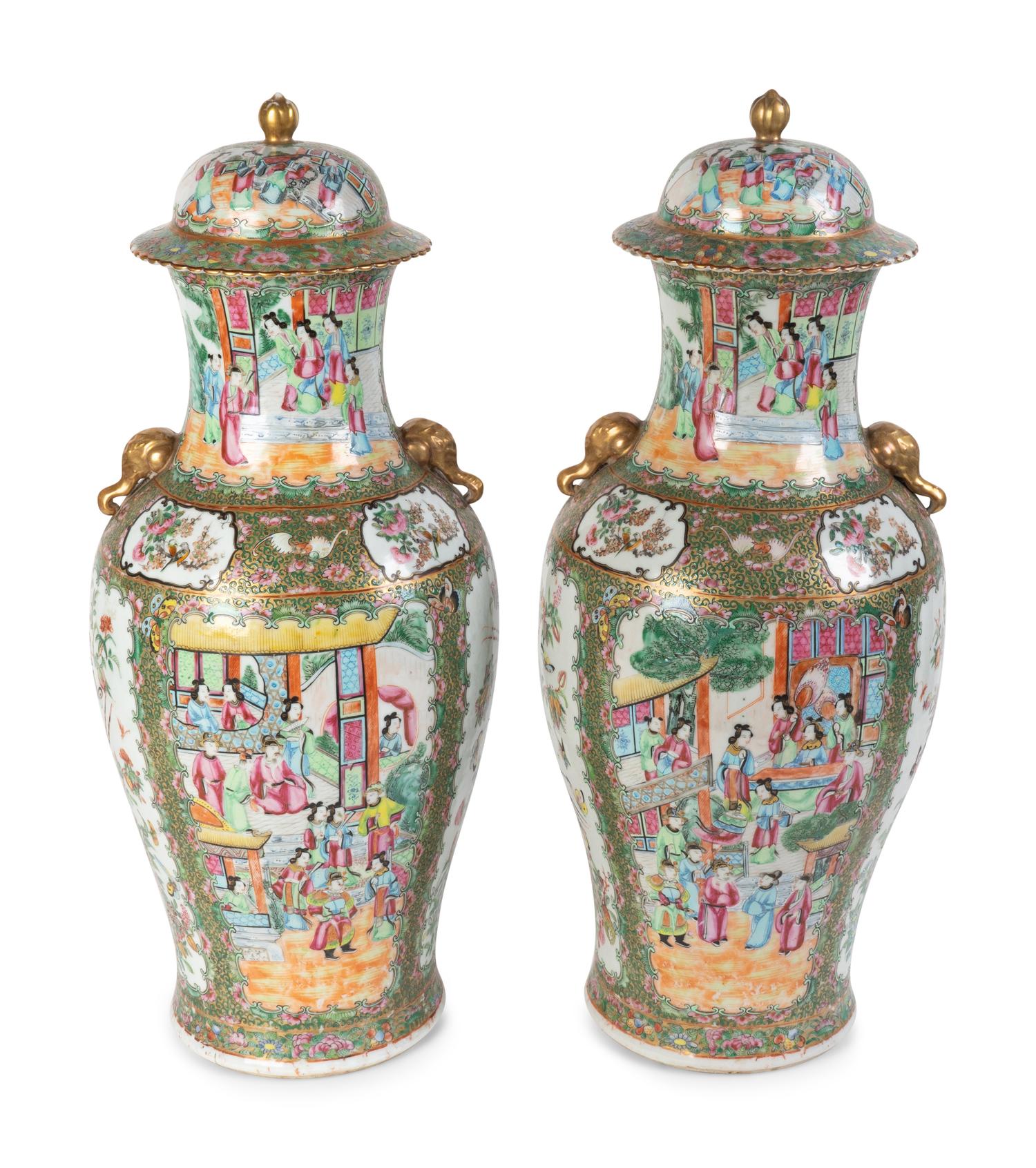 A Pair of Chinese Export Porcelain Rose Canton Covered Jars — 19TH CENTURY