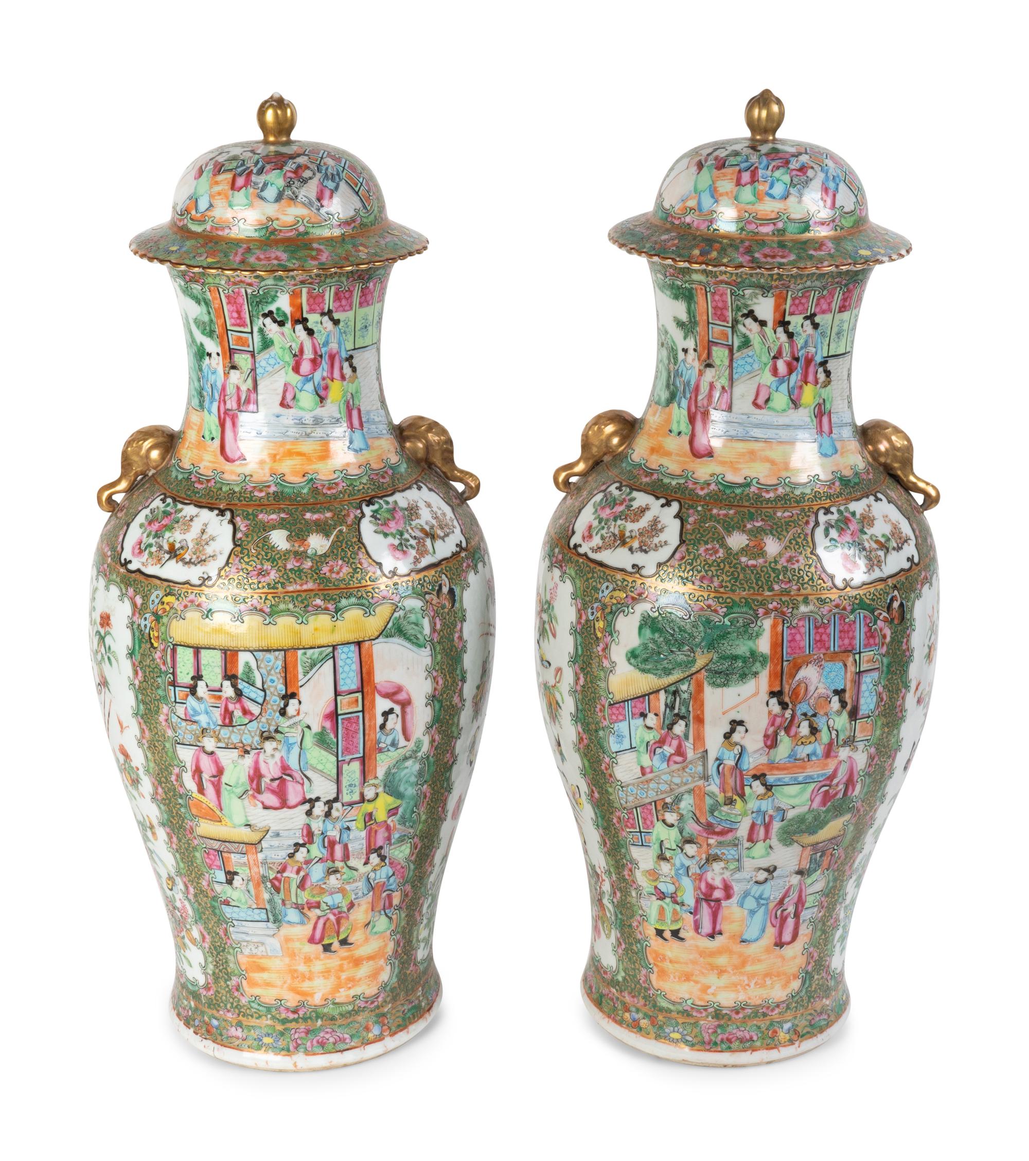 A Pair of Chinese Export Porcelain Rose Canton Covered Jars — 19TH CENTURY