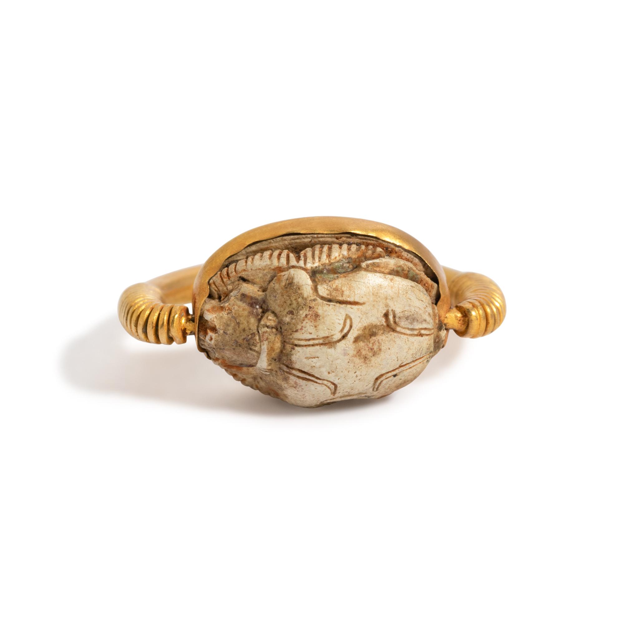 An Egyptian Gold and Steatite Scarab Swivel Ring