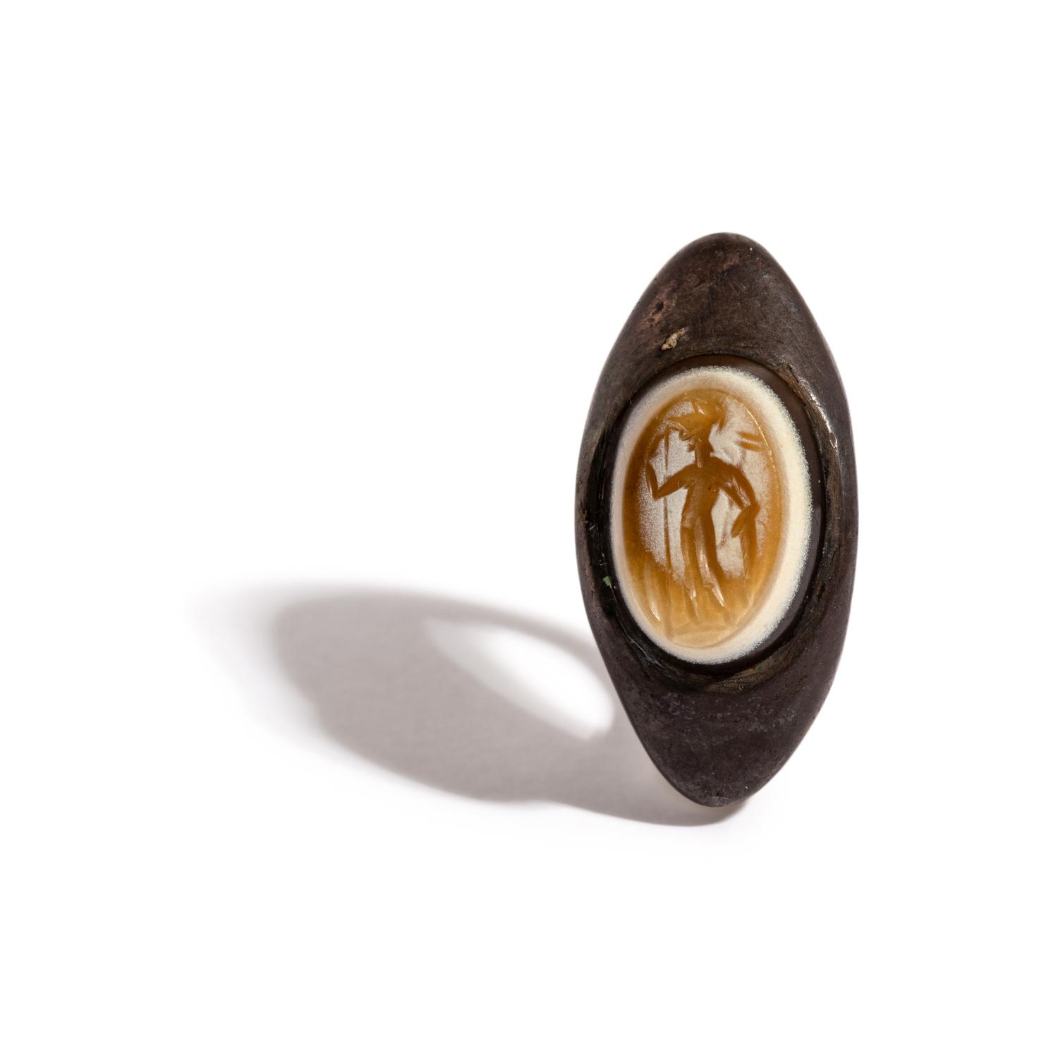 A Roman Agate and Silver Finger Ring with the Goddess Minerva