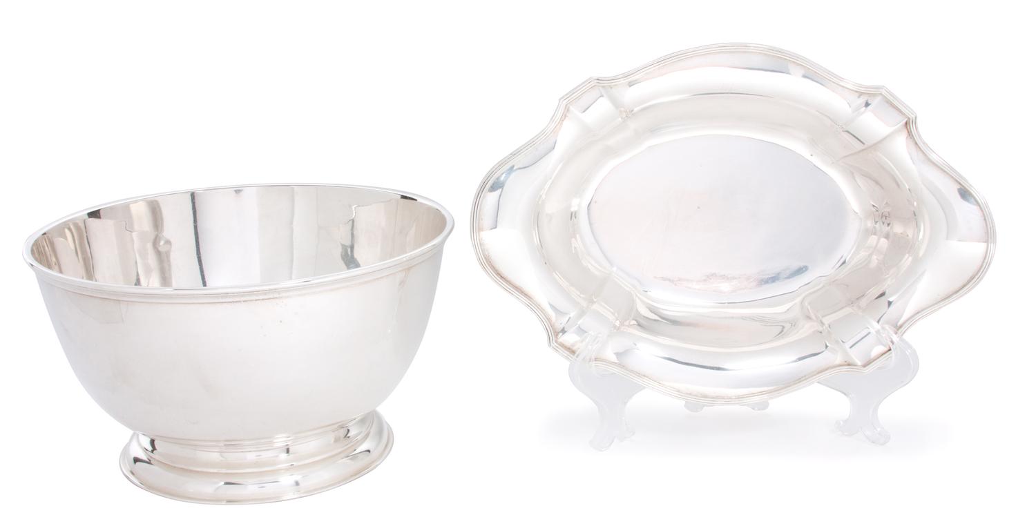 Two American Silver Serving Bowls, , the first Gorham Mfg. Co., Providence, RI lobed bread basket, the second a reproduction of a round