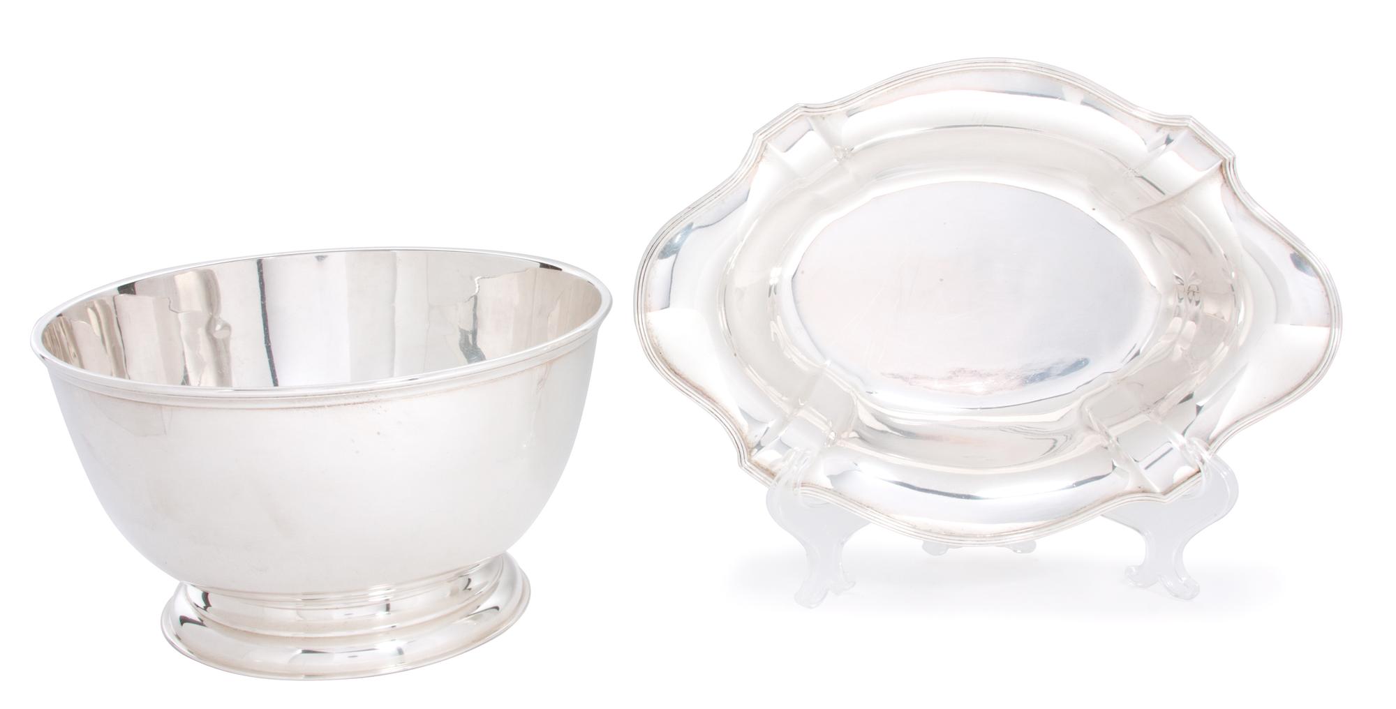 Two American Silver Serving Bowls, , the first Gorham Mfg. Co., Providence, RI lobed bread basket, the second a reproduction of a round